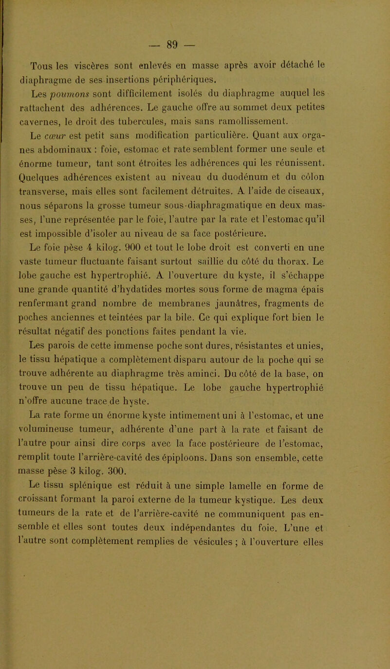 Tous les viscères sont enlevés en masse après avoir détaché le diaphragme de ses insertions périphériques. Les poumons sont difficilement isolés du diaphragme auquel les rattachent des adhérences. Le gauche offre au sommet deux petites cavernes, le droit des tubercules, mais sans ramollissement. Le cœur est petit sans modification particulière. Quant aux orga- nes abdominaux : foie, estomac et rate semblent former une seule et énorme tumeur, tant sont étroites les adhérences qui les réunissent. Quelques adhérences existent au niveau du duodénum et du côlon transverse, mais elles sont facilement détruites. A l’aide de ciseaux, nous séparons la grosse tumeur sous-diaphragmatique en deux mas- ses, l’une représentée par le foie, l’autre par la rate et l’estomac qu’il est impossible d’isoler au niveau de sa face postérieure. Le foie pèse 4 kilog. 900 et tout le lobe droit est converti en une vaste tumeur fluctuante faisant surtout saillie du côté du thorax. Le lobe gauche est hypertrophié. A l’ouverture du kyste, il s’échappe une grande quantité d’hydatides mortes sous forme de magma épais renfermant grand nombre de membranes jaunâtres, fragments de poches anciennes et teintées par la bile. Ce qui explique fort bien le résultat négatif des ponctions faites pendant la vie. Les parois de cette immense poche sont dures, résistantes et unies, le tissu hépatique a complètement disparu autour de la poche qui se trouve adhérente au diaphragme très aminci. Du côté de la base, on trouve un peu de tissu hépatique. Le lobe gauche hypertrophié n’offre aucune trace de hyste. La rate forme un énorme kyste intimement uni à l’estomac, et une volumineuse tumeur, adhérente d’une part à la rate et faisant de l’autre pour ainsi dire corps avec la face postérieure de l’estomac, remplit toute l’arrière-cavité des épiploons. Dans son ensemble, cette masse pèse 3 kilog. 300. Le tissu splénique est réduit à une simple lamelle en forme de croissant formant la paroi externe de la tumeur kystique. Les deux tumeurs de la rate et de l’arrière-cavité ne communiquent pas en- semble et elles sont toutes deux indépendantes du foie. L’une et l’autre sont complètement remplies de vésicules ; à l’ouverture elles