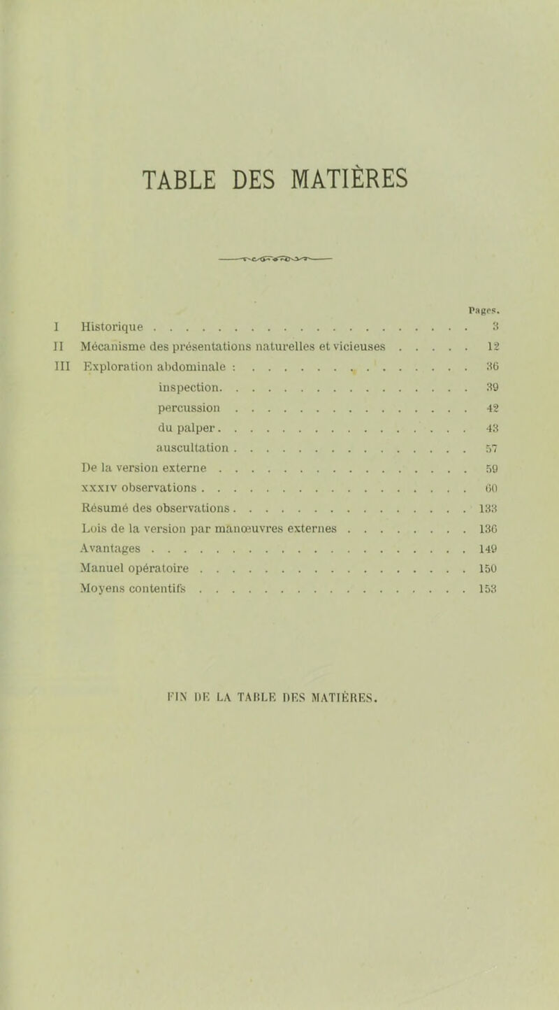 TABLE DES MATIÈRES Pagi-s. I Historique 3 II Mécanisme des présentations naturelles et vicieuses 12 III Exploration abdominale :hg inspection 39 percussion 42 du palper 43 auscultation 57 De la version externe 59 XXXIV observations 00 Résumé des observations 133 Lois de la vei'sion par manœuvres externes 136 Avantages 149 Manuel opératoire 150 Moyens contentifs 153 FIN l)K LA TAItl.K OFS MATIKRES.