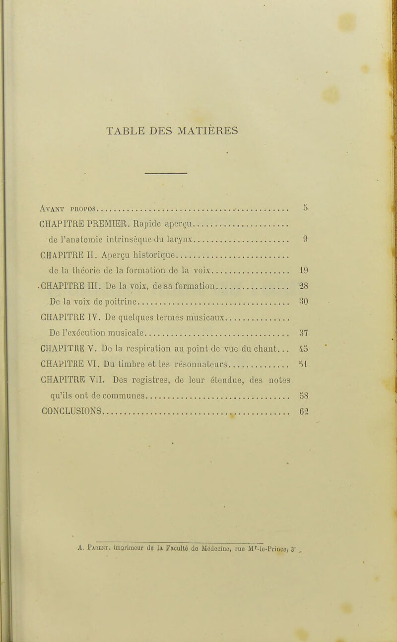 TABLE DES MATIÈRES Avant propos 5 CHAPITRE PREMIER. Rapide aperçu de l'aiialomie intrinsèque du larynx 9 CHAPITRE II. Aperçu historique de la théorie de la formation de la voix 19 • CHAPITRE III. De la voix, de sa formation 28 De la voix de poitrine 30 CHAPITRE IV. De quelques termes musicaux De l'exécution musicale 37 CHAPITRE V. De la respiration au point de vue du chant... 45 CHAPITRE VI. Du timbre et les résonnateurs SI CHAPITRE VIL Des registres, de leur étendue, des notes qu'ils ont de communes 58 CONCLUSIONS 62 A. Pahe.nt. imarimeur do la Faculté do Médecine, ruo Mr-lo-Princo, 3'