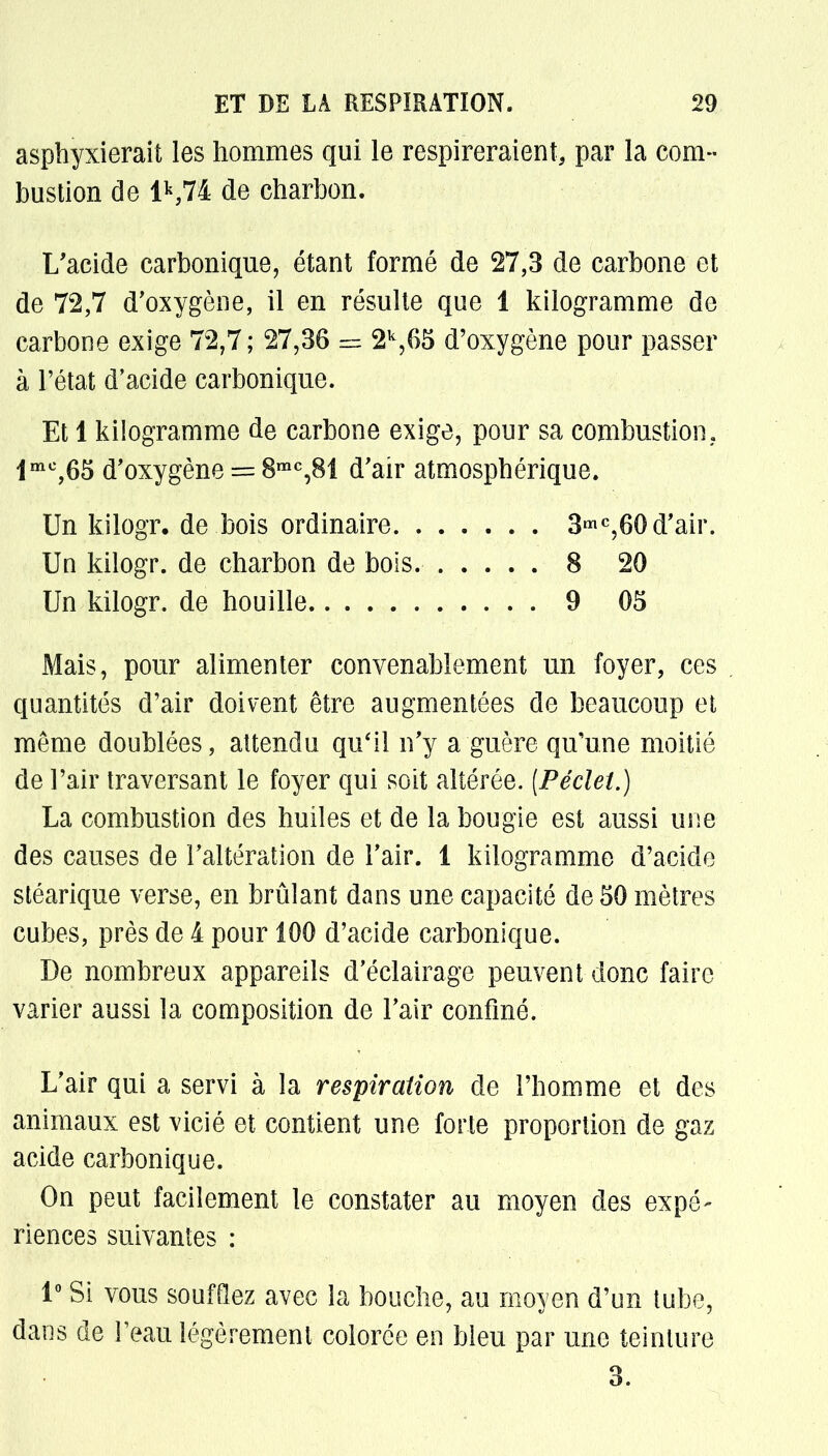asphyxierait les hommes qui le respireraient, par la com- bustion de 1*,74 de charbon. L'acide carbonique, étant formé de 27,3 de carbone et de 72,7 d'oxygène, il en résulte que 1 kilogramme de carbone exige 72,7; 27,36 = 2k,G5 d'oxygène pour passer à l'état d'acide carbonique. Et 1 kilogramme de carbone exige, pour sa combustion. 1mc,65 d'oxygène = 8mc,81 d'air atmosphérique. Un kilogr. de bois ordinaire 3mC,60d'air. Un kilogr. de charbon de bois. 8 20 Un kilogr. de houille 9 05 Mais, pour alimenter convenablement un foyer, ces quantités d'air doivent être augmentées de beaucoup et même doublées, attendu qu'il n'y a guère qu'une moitié de l'air traversant le foyer qui soit altérée. (Péclet.) La combustion des huiles et de la bougie est aussi une des causes de l'altération de l'air. 1 kilogramme d'acide stéarique verse, en brûlant dans une capacité de 50 mètres cubes, près de 4 pour 100 d'acide carbonique. De nombreux appareils d'éclairage peuvent donc faire varier aussi la composition de l'air confiné. L'air qui a servi à la respiration de l'homme et des animaux est vicié et contient une forte proportion de gaz acide carbonique. On peut facilement le constater au moyen des expé- riences suivantes : 1° Si vous soufflez avec la bouche, au moyen d'un tube, dans de l'eau légèrement colorée en bleu par une teinture 3.