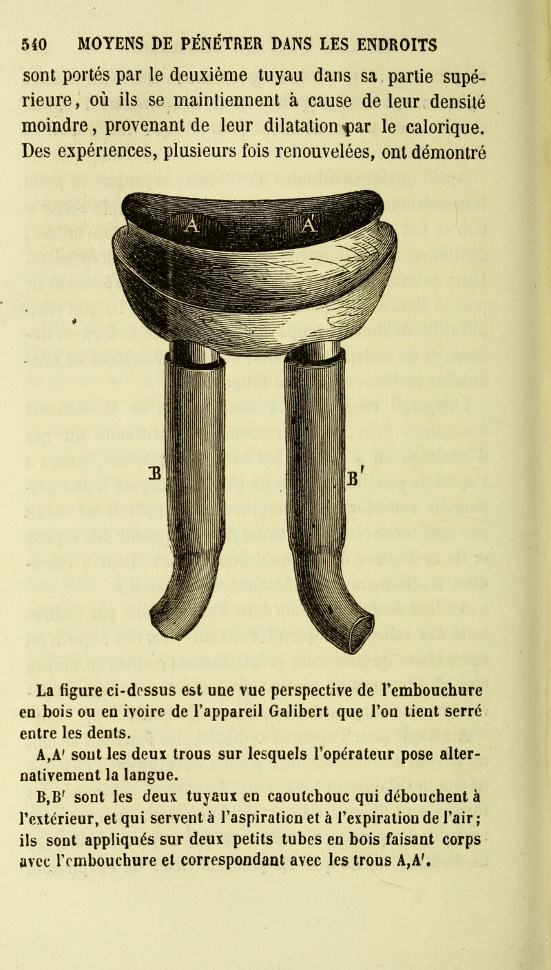 sont portés par le deuxième tuyau dans sa partie supé- rieure, où ils se maintiennent à cause de leur densité moindre, provenant de leur dilatation ^)ar le calorique. Des expériences, plusieurs fois renouvelées, ont démontré La figure ci-dessus est une vue perspective de l'embouchure en bois ou eu ivoire de l'appareil Galibert que l'on tient serré entre les dents. A, A' sout les deux trous sur lesquels l'opérateur pose alter- nativement la langue. B, Bf sont les deux tuyaux en caoutchouc qui débouchent à l'extérieur, et qui servent à l'aspiration et à l'expiration de l'air ; ils sont appliqués sur deux petits tubes en bois faisant corps avec l'embouchure et correspondant avec les trous A,A'.