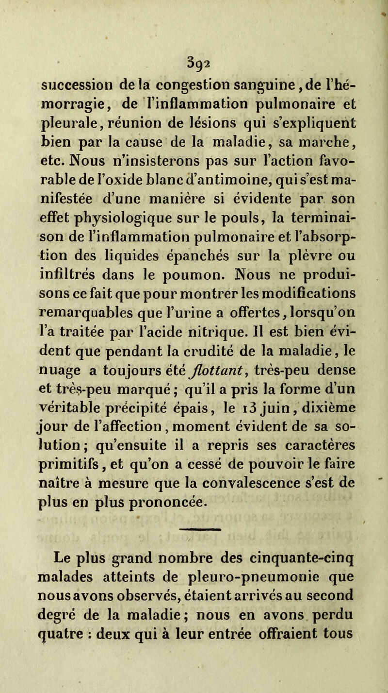 succession delà congestion sanguine,de l’hé- morragie, de l’inflammation pulmonaire et pleurale, réunion de lésions qui s’expliquent bien par la cause de la maladie, sa marche, etc. Nous n’insisterons pas sur l’action favo- rable de l’oxide blanc d’antimoine, qui s’est ma- nifestée d’une manière si évidente par son effet physiologique sur le pouls, la terminai- son de l’inflammation pulmonaire et l’absorp- tion des liquides épanchés sur la plèvre ou infiltrés dans le poumon. Nous ne produi- sons ce fait que pour montrer les modifications remarquables que l’urine a offertes, lorsqu’on l’a traitée par l’acide nitrique. Il est bien évi- dent que pendant la crudité de la maladie, le nuage a toujours été Jlottant, très-peu dense et très-peu marqué ; qu’il a pris la forme d’un véritable précipité épais, le i3 juin , dixième jour de l’affection, moment évident de sa so- lution ; qu’ensuite il a repris ses caractères primitifs, et qu’on a cessé de pouvoir le faire naître à mesure que la convalescence s’est de plus en plus prononcée. Le plus grand nombre des cinquante-cinq malades atteints de pleuro-pneumonie que nous avons observés, étaient arrivés au second degré de la maladie; nous en avons perdu quatre : deux qui à leur entrée offraient tous