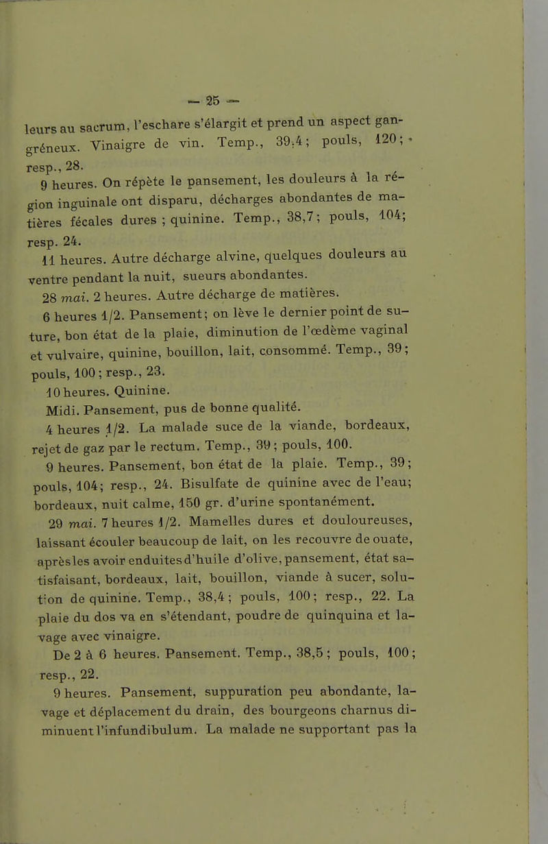 leurs au sacrum, l'eschare s'élargit et prend un aspect gan- gréneux. Vinaigre de vin. Temp., 39,4; pouls, 120;- resp., 28. , » i ' 9 heures. On répète le pansement, les douleurs à la ré- gion inguinale ont disparu, décharges abondantes de ma- tières fécales dures ; quinine. Temp., 38,7; pouls, 104; resp. 24. 11 heures. Autre décharge alvine, quelques douleurs au ventre pendant la nuit, sueurs abondantes. 28 mai. 2 heures. Autre décharge de matières. 6 heures 1/2. Pansement; on lève le dernier point de su- ture, bon état de la plaie, diminution de l'œdème vaginal etvulvaire, quinine, bouillon, lait, consommé. Temp., 39; pouls, 100; resp., 23. 10 heures. Quinine. Midi. Pansement, pus de bonne qualité. 4 heures 1/2. La malade suce de la viande, bordeaux, rejet de gaz par le rectum. Temp., 39 ; pouls, 100. 9 heures. Pansement, bon état de la plaie. Temp., 39; pouls, 104; resp., 24. Bisulfate de quinine avec de l'eau; bordeaux, nuit calme, 150 gr. d'urine spontanément. 29 mai. 7 heures 1/2. Mamelles dures et douloureuses, laissant écouler beaucoup de lait, on les recouvre de ouate, aprèsles avoir enduites d'huile d'olive, pansement, état sa- tisfaisant, bordeaux, lait, bouillon, viande à sucer, solu- tion de quinine. Temp., 38,4; pouls, 100; resp., 22. La plaie du dos va en s'étendant, poudre de quinquina et la- vage avec vinaigre. De 2 à 6 heures. Pansement. Temp., 38,5 ; pouls, 100; resp., 22. 9 heures. Pansement, suppuration peu abondante, la- vage et déplacement du drain, des bourgeons charnus di- minuent l'infundibulum. La malade ne supportant pas la