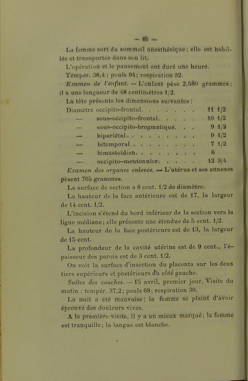 La ferfime soft du sommeil âné^thésiqUë ; elle est Habil- lée et transportée dans son lit. L'opération et le panserneht ont duré utie heure. Tétopér. 38,4 ; pouls 94; respiration 32. Examên de Venfant. — L'enfant pèse 2^500 gramiries ; il a urie longueur de 48 centimètres 1/2. La tête présente les dittietisions suivantes : Diamètre occipito-frontal 11 1/2 '— sous-occipito-frontal 10 1/2 — sous-occipito-bregmatiqué. . . 9 1/2 — bipariétal 9 1/2 — bitemporal 7 1/2 —• bimàstoïdieti t 6 — OGcipito-mentonnieri .... 12 3/4 Examen des organes enlevés. — L'utérus et ses annexes pèsent 765 grammes. La surface de section a 8 cent. 1/2 de diamètre. La hauteur de la face antérieure est de 17, la largeur de 14 cent. 1/2. L'incision s'étend du bord inférieur de la section vers la ligne médiane ; elle présente une étendue de 5 cent. 1/2. La hauteur de la face postérieure est de 13, la largeur de 15 cent. La profondeur de la cavité utérine est de 9 cent., l'é- paisseur des parois est de 3 cent. 1/2. On voit la surface d'insertion du placenta sur les deux tiers supérieurs et postérieurs (îù côté gauche. Suites des couches. —15 avril, premier jour. Visite du matin : tempér. 37,2; pouls 68; respiration 30. La nuit a été mauvaise; la ferrimê sé plaint d'avoir éprouvé des douleurs vives. A la première visite, il y a tin mieux marqué; la femme est tranquille ; la langue est blanche.