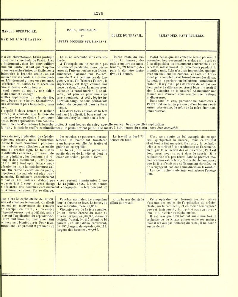 MANUEL OPÉRATOIRE. nÉE DE l'opération. ISSUE, DIMENSIONS ET AUTRES DONNÉES SUR L'ENFANT. Dl RfiE DU TRAVAIL. REMARQUES PARTICULIÈRES. le a été chloroformée. Cusco pratique •ipsie par la méthode de Pajot. Avec 3 instrument, dont les deux cuillers une sur l'autre, il fait quatre appli- branchc gauche s'introduit facilement; introduire la branche droite, on est ncliner sur ses bords. On essaie quel- ns. L'instrument glisse ; on y renonce. cérébrale est sortie. Cette opération sure et demie à deux heures. neuf heures du matin, une faible >s du sommet s'engage, ivelles applications du céphalotribe. ions. Durée, une heure. Chloroforme, urs deviennent plus fréquentes, mais ises. t appelé à deux heures; la malade orniée; il constate que la base du pas broyée et se décide à continuer ipsie. Deux applications d'un bon ins- 3me dilliculté d'introduire la branche la nuit, la malade souffre continuelle La mère succombe sans être dé- livrée. A l'autopsie on ne constate pas de signe de péritonite. Deux déchi- rures de l'utérus, en bas et à droite, annoncées d'avance par Pajot, l'une de 7 à 8 centimètres de lon- gueur, c'est l'inférieure; l'autre, la supérieure, est large comme une l'jèce de deux francs. La minceur ex- trême de la paroi utérine, à ce ni- veau, fait pencher pour une rup- ture spontanée. A côté, légère in- filtration sanguine sous-péritonéale autour du cœcum et dans la fosse iliaque. Les deux tiers environ de la tète ont passé le détroit, la base étant par- faitement broyée, mais non la face. Jroite. A neuf heures du soir, nouve ment ; le pouls devient petit : elle me Durée totale du tra- vail, 41 heures; de- puis la rupture des mem- branes, 29 heures; de- puis la dernière tenta- tive, 11 heures. îlle séance. Deux nouvelle urt à huit heures du mati Pajot pense que son collègue serait parvenu â accoucher heureusement la malade s'il avait eu à sa disposition un instrument convenable et en répétant suflisamment les broiements pendant la première nuit. Cela n'est pas impossible, quoique avec un meilleur instrument, et avec un broie- ment plus complet Pajot lui-même ne réussît pas. Admettant la perforation de l'utérus parfaitement ètalilic, il n'y avait pas de raison de ne pas en- treprendre la délivrance. .Aussi bien n'y avait-il rien à attendre de la nature? Abandonner une fennue non délinrée nous semble une prati(|ue malheureuse. Dans tous les cas, personne ne contestera à Pajot qu'il ne fut en présence d'un bassin à opé- ration césarienne, le refus de la mère étant tou- jours réservé. s apjdications. n, sans être accoiichée. ;urcs du soir, application du céplialo- iroiement réussit, mais l'extraction ouvre la boîte crânienne ; plusieurs l'os mobiles sont détachés ; on essaie iiurs ou crochet aigu. Le tout sans ;s difficultés énormes, provenant de irtios génitales, les douleurs qui ré- 'emjjloi de l'instrument, l'état géné- 140 à 1G0) font opter Kilian pour césarienne, que la malade refuse ca- ^nt. On calme l'excitation du pouls, injections. La malade est plus Iran- ndemain. Ecoulement excessivement ïs parties. Les douleurs, d'abord peu e ; niais tout à coup la scène change k déclarent des douleurs excessivem s. A mirmit et demi, l'os se dégage. Les couches se passèrent norma- lement; la femme fut transférée à un hospice où elle fut traitée et guérie de sa syphilis. Le fœtus, qui avait perdu une partie des os de la tète et dont le crâne était vide, pesait 6 livres. vives, restent impuissantes à en- . Le 13 juillet 1846, à onze heures ent énergiques. La tète descend de Le travail a duré 73 heures en tout. C'est sans doute un bel exemple de ce que peut quelquefois la nature, mais ce résultat était tout à fait inespéré. Du reste, le céphalo- tribe a contribué â la terminaison de l'accouche- ment par la réduction des os du crâne ; l'art est donc aussi pour sa part dans le succès. Si le céphalotribe n'a pas réussi dans le premier mo- ment comme extracteur, c'est probablement parce que la tète n'était pas suffisamment écrasée, ou ne s'engageait pas dans une direction favorable. Les contractions utérines ont achevé l'opéra- lion. (uc alors le céphalotribe de Busch. ;ion est effectuée lentement. On décrit 'ument un mouvement de rotation 3r l'occiput en avant, et on enlève ragment osseux, qui a déjà fait saillie c avant l'application du céphalotribe. dura huit minutes ; l'instrument tint vrance suit bientôt après. Pour favo- lUractions, on prescrit 2 grammes de é. Couches normales. Le cinquième jour la femme se lève. Le fœtus, du sexe masculin , pèse 2i',3SS. Circonférence de la tète remplie, 0',32; circonférence du tronc au niveau des épaules, 0i,32; diamètre occipito-frontal, 0™,117; diamètre bi- pariétal, 0,081 ; diamètre vertical, Om,087; largeur des épaules, 0m,ii7; largeur des hanches, 0^,087. Onze heures depuis le début du travail. Cette opération est très-intéressante, parce c'est une des seules de l'application du crànio- claste, sur le continent, et en même temps parce que cet instrument, tant prôné par son inven- teur, dut le céder au céphalotribe. 11 est vrai que Simpson vit aussi une fois le céphalotribe de Kilian glisser entre ses mains; mais il n'avait pas perforé ; du reste , il ne donne aucun détail.