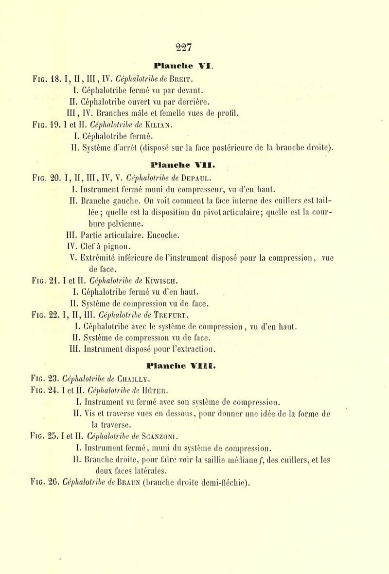 Planclie VI. FiG. 18. I, II, III, IV. Céphalotrihe de Breit. I. Géphalotribe fermé vu par devant. II. Géphalotribe ouvert vu par derrière. III, IV. Branches mâle et femelle vues de profil. FiG. 19. I et II. Céphalotrihe de KiLlAN. I. Céphalolribe fermé. II. Système d'arrêt (disposé sur la face postérieure de la branche droite). Planclie VII. FiG. 20. I, II, III, IV, V. Céphalotrihe de Depaul. I. Instrument fermé muni du compresseur, vu d'en liaut. II. Branche gauche. On voit commenl la face iiUerno des cuillers est tail- lée ; quelle est la disposition du pivot articulaire; quelle est la cour- bure pelvienne. III. Partie articulaire. Encoche. IV. Clef à pignon. V. Extrémité inférieure de l'instrument disposé pour la compression, vue de face. FiG. 21. I et II. Géphalotribe de Kiwiscii. I. Géphalotribe fermé vu d'en haut. II. Système de compression vu de face. FiG. 22. I, II, III. Céphalotrihe de Trefurt. I. Géphalotribe avec le système de compression , vu d'en haut. II. Système de compression vu de face. III. Instrument disposé pour l'extraction. Plaucite VIII. FiG. 23. Céphalotrihe de Ghailly. FiG. 24. I et II. Géphalotribe de IIûter. I. Instrument vu fermé avec son système de compression. II. Vis et traverse vues en dessous, pour donner une idée de la forme de la traverse. FiG. 25.1 et II. Céphalotrihe de Scanzoni. I. Instrument fermé, muni du système de compression. II. Branche droite, pour faire voir la saillie médiane f, des cuillers, et les deux faces latérales. FiG. 26. Céphalotrihe deBnxm (branche droite denii-fléchie).