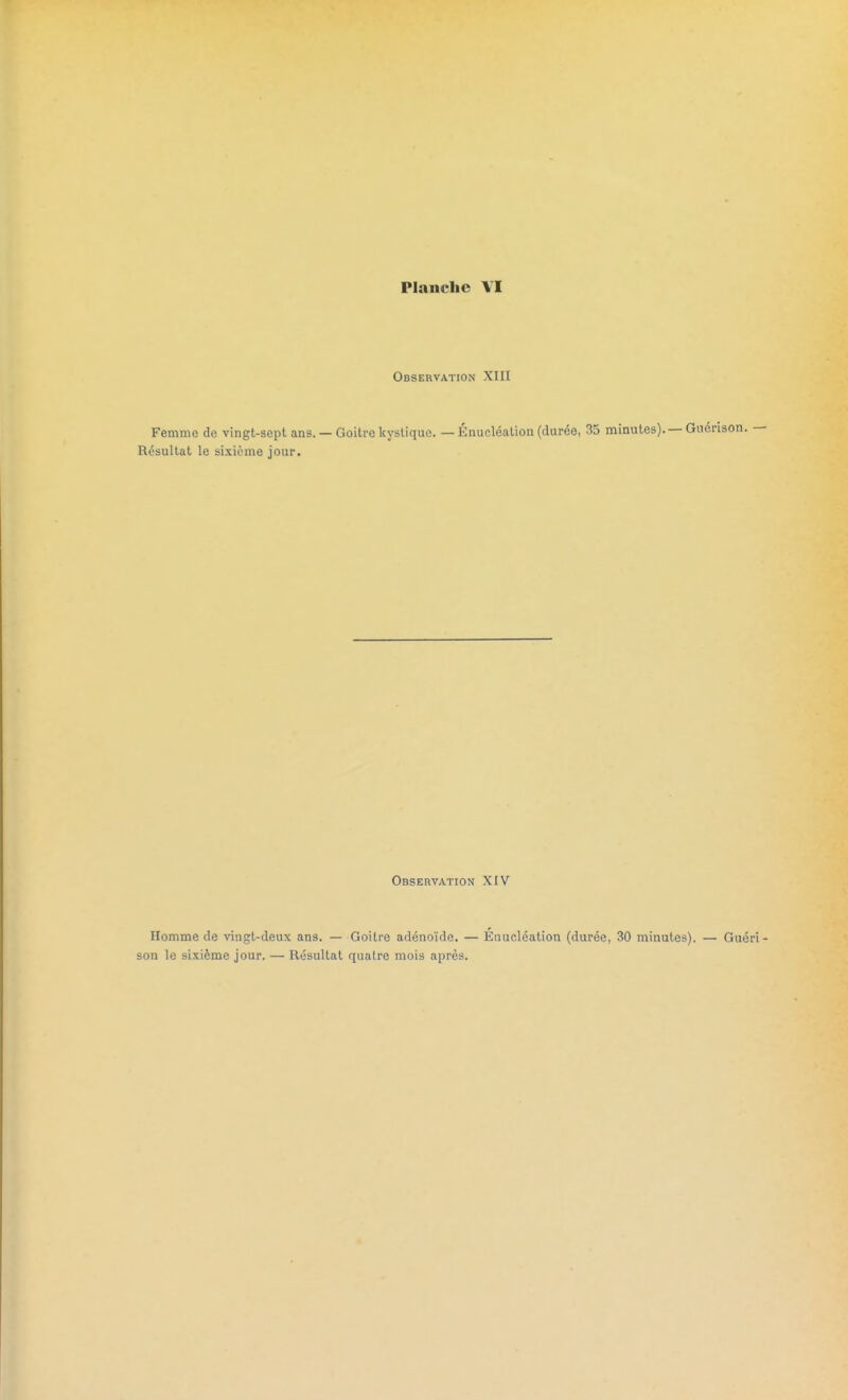 Observation XIII Femme de vingt-sept ans. — Goitre kystique. — Énucléation (durée, 35 minutes). — Guéri Résultat le sixième jour. Observation XIV Homme de vingt-deux ans. — Goitre adénoïde. — Énucléation (durée, 30 minutes). — Gué son le sixième jour. — Résultat quatre mois après.