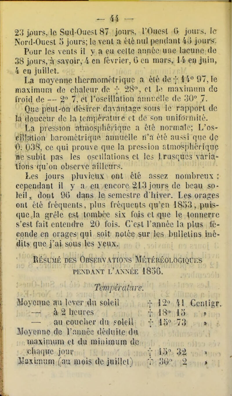 2:] jpurs, le Sud-Oiicsl 87 jours, l'Oiicsl G jours, le Nord-Oucsl o jours; le venl a élé nul pendant 4() jours. Pour les vents il y a eu celle année une lacune do 38 jx)urs, à savoir, 4 en février, G en mars, 14 eu juin, 4 eu juillcl. La moyenne thermométrique a été de f 44*'07, le maximum do chaleur de f 28, cl le maximum de froid de — 2 7, cl l'oscillation aunticllc de oO*' 7. Que peul-on désirer davantage sosis le rapport de la douceur de la température cl de son unifoi niiié. La pression atmosphéiique a été normale; L'os- cillation haromctrique annuelle n'a été aussi que de 0. 038, ce qui prouve que la pression r.lmoïjphériquc ïie subit pas les oscillations cl Ici frasques varia- lions qu'on observe ailleurs. Les jours pfuvicux ont été assez nomhreux ; cependant il y a eu encore 213 jours de beau so- teil, dont % dans le semestre d'hiver. Les orages ont été fréquents, plus fréquents qu'en 1853, puis- que, la grêle est tombée six fois cl que le lonnerrc s'est fait entendre 20 fois. C'est l'année la plus fé- conde en orages qui soit notée sur les bulletins iné- dit* que j'ai sous les yeux. RÉsmiÉ DES Observations MiÎTÉRÉOLOGiQUi:s PENDANT l'année 1850. Températare. Moyenne au lever du soleil 12 41 Centigr — à 2 heures t 18 13 * ' — au coucher du soleil •■• lo 73 » Moyenne de l'année déduite (kv maximum et du miiiimum de chaque jour , y 3-^ ilaximum (au mois de juillel)ii„,[I? 30'' 2 »