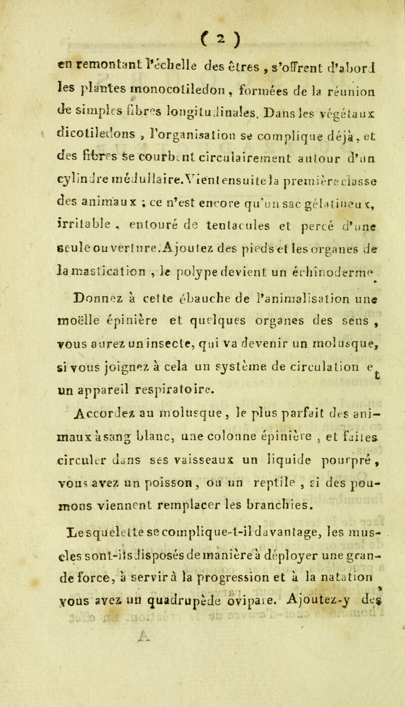 en remontant l’échelle des Êtres 9 s’ofirent d’abord les plantes monocotiledon , formées de la réunion de simples fibres iongitu Jinaies. Dans les végétaux dicotiiedons * l’organisation se complique déjà, et des fibres se courbent circuîairement autour d’un cylindre médullaire. Vientensuite la première classe des animaux ; ce n’est encore qu'un sac gélatiueu c. Irritable , entouré de tentacules et percé d’une seuleou vèrtnre.Ajoutez des pieds et les organes de la mastication , le polype devient un échinoderme Dormez à cette ébauche de l’animalisation une moelle épinière et quelques organes des sens , tous aurez uninsecte, qui va devenir un molusque, si vous joignez à cela un système de circula tion e t un appareil respiratoire. Accordez au molusque , le plus parfait des ani- maux àsang blanc, une colonne épinière , et faites circuler dans ses vaisseaux un liquide pourpré , vous avez un poisson, ou un reptile , si des pou- mons viennent remplacer les branchies. Desquelettesecompliqoe-t-ildavantage, les mus- cles sont-iisdisposés de manière a déployer une gran- de force, à servira la progression et à la natation ,, , * yous avez un quadrupède ovipare. Ajoutez-y de$