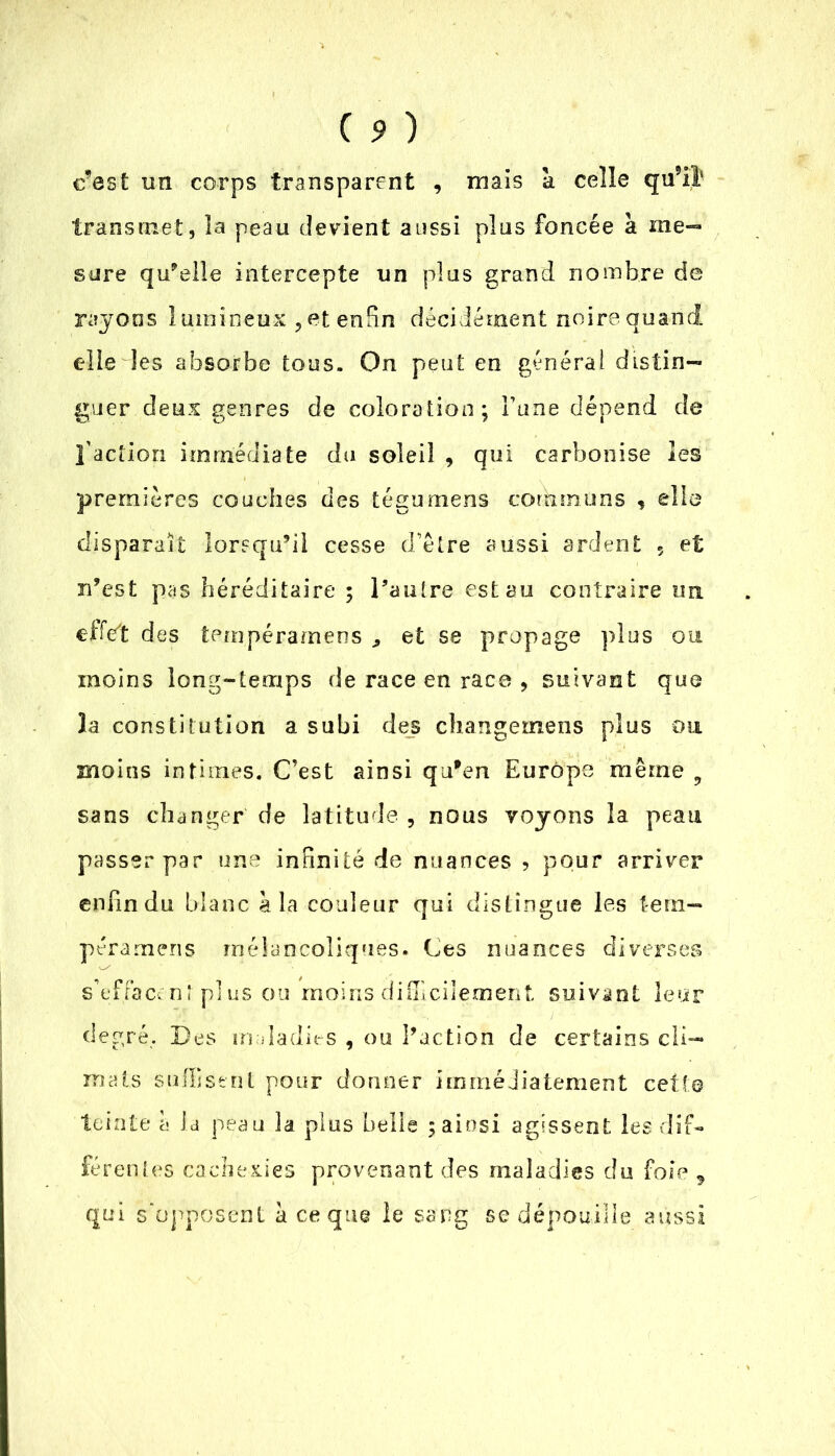 c’est un corps transparent , mais à celle qu’iï transmet, la peau devient aussi plus foncée à me- sure quelle intercepte un plus grand nombre de rayons lumineux , et enfin décidément noire quand elle les absorbe tous. On peut en général distin- guer deux genres de coloration; l’une dépend de l’action immédiate du soleil , qui carbonise les premières couches des tégumens communs , elle disparaît lorsqu’il cesse d’être aussi ardent 5 et n’est pas héréditaire ; l’autre est au contraire un effet des tempérarnens , et se propage plus ou moins long-temps de race en race , suivant que la constitution a subi des cbangemens plus ou moins intimes. C’est ainsi qu’en Europe même 9 sans changer de latitude , nous voyons la peau passer par une infinité de nuances , pour arriver enfin du blanc a la couleur qui distingue les tem- péra mens mélancoliques. Ces nuances diverses s’effacent plus ou moins difficilement suivant leur degré. Des maladies , ou l’action de certains cli- mats suffisent pour donner immédiatement cette teinte h la peau la plus belle ; ainsi agissent les dif- férentes cachexies provenant des maladies du foie , qui s'opposent à ce que le sang se dépouille aussi