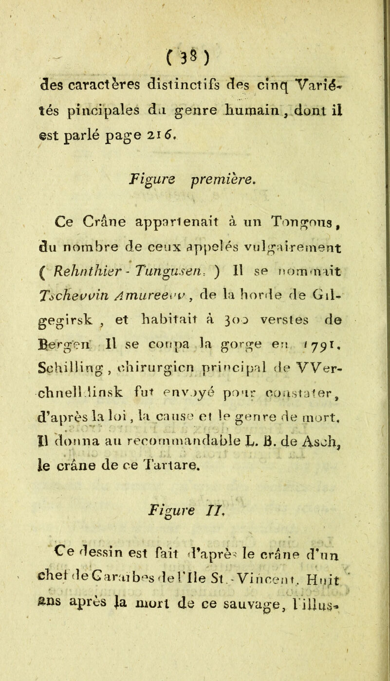 des caractères distinctifs des cinq Varié* tés pincipales da genre humain, dont il est parlé page zi6. Figure première. Ce Crâne appartenait à un Ton gnns, du nombre de ceux appelés vulgairement ( Rehnthier - Tungusen. ) 11 se nommait Tschevvin Amureew, de la horde de Gil- gegirsk , et habitait à 300 verstes de Bergen II se coupa la gorge eu 1791, Schilling, chirurgien principal de Wer- chnelllinsk fut envoyé pour constater, d’après la loi, la cause et le genre de mort. Il donna au recommandable L. 3. de Aseh, le crâne de ce Tartare. Figure IL Ce dessin est fait d’après le crâne d'un chef de Caraïbes de file St-Vincent, Huit ans après Ja mort de ce sauvage, l'ilîus»