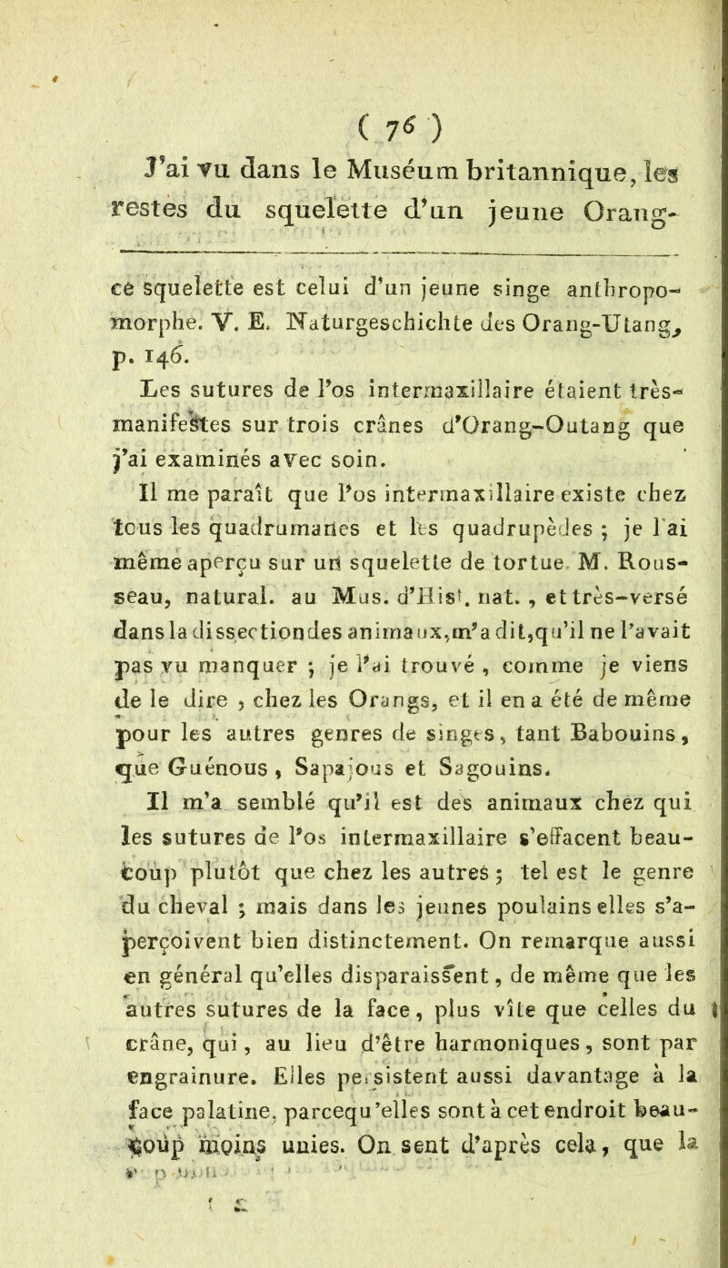 ( 7* ) J?aî fu dans le Muséum britannique, les restes du squelette d’un jeune Orang- ée squelette est celui d’un jeune singe anthropo- morphe. V. E. Naturgeschichte des Orang-Utang, p. 146. Les sutures de Pos intermaxillaire étaient très- manifestes sur trois crânes cPQrang-Outang que j’ai examinés a¥ec soin. Il me parait que Pus intermaxillaire existe chez tous les quadrumanes et les quadrupèdes ; je 1 ai même aperçu sur urî squelette de tortue M. Rous- seau, natural. au Mus. d’Hisb nat. , et très-versé dans la diss.ectiondes animaux,m’a dit,qu’il ne Pavait pas vu manquer *, je Pai trouvé, comme je viens de le dire , chez les Orangs, et il en a été de même pour les autres genres de singes, tant Babouins , queGuénous, Sapajous et Sagouins, II m’a semblé qu’il est des animaux chez qui les sutures de Pas intermaxillaire s’effacent beau- coup plutôt que chez les autres; tel est le genre du cheval ; mais dans les jeunes poulains elles s’a- perçoivent bien distinctement. On remarque aussi en général qu’elles disparaissent, de même que les autres sutures de la face, plus vite que celles du \ crâne, qui, au lieu d’être harmoniques, sont par engrainure. Elles persistent aussi davantage à la face palatine, parcequ’elles sont à cet endroit beau- tgoüp moins unies. On sent d’après cela, que la §' ■ o amü • ' *