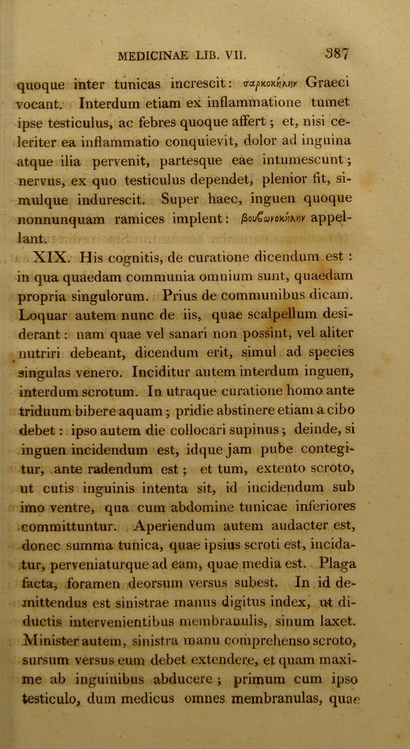 quoque inter tunicas increscit: vetfkoxSiMvr Graeci vocant. Interdum etiam ex inflammatione tumet ipse testiculus, ac febres quoque affert; et, nisi ce- leriter ea inflammatio conquievit, dolor ad inguina atque ilia pervenit, partesque eae intumescunt; nervus, ex quo testiculus dependet, plenior fit, si- mulque indurescit. Super haec, inguen quoque nonnunquam ramices implent: /3wGuvommv appei- lant. XIX. His cognitis, de curatione dicendum est : in qua quaedam communia omnium sunt, quaedam propria singulorum. Prius de communibus dicam. Loquar autem nunc de iis, quae scalpellum desi- derant : nam quae vel sanari non possint, vel aliter nutriri debeant, dicendum erit, simul ad species singulas venero. Inciditur autem interdum inguen, interdum scrotum. In utraque curatione homo ante triduum bibere aquam; pridie abstinere etiam a cibo debet: ipso autem die collocari supinus; deinde, si inguen incidendum est, idque jam pube contegi- tur, ante radendum est; et tum, extento scroto, ut cutis inguinis intenta sit, id incidendum sub imo ventre, qua cum abdomine tunicae inferiores committuntur. Aperiendum autem audacter est, donec summa tunica, quae ipsius scroti est, incida- tur, perveniaturque ad eam, quae media est. Plaga facta, foramen deorsum versus subest. In id de- mittendus est sinistrae manus digitus index, u«t di- ductis intervenientibus membranulis, sinum laxet. Minister autem, sinistra manu comprehenso scroto, sursum versus eum debet extendere, et quam maxi- me ab inguinibus abducere ; primum cum ipso testiculo, dum medicus omnes membranulas, quae