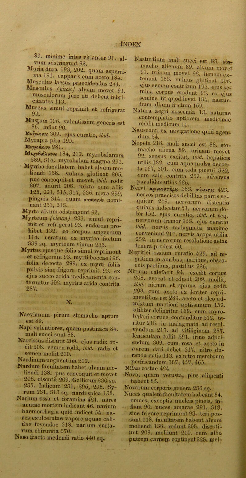 89. minime intus vitiantur 91. al- vum ad stringunt 92. Muria dura 193, 202. quam asperri- ma 191. capparis cum aceto 184. Musculus laesus praecidendus 244. Musculus (piscisJ alvum movet 91. musculorum jure uti debent febri- citantes 113. Muscus simul reprimit et refrigerat Musjum 19(5. valentissimi generis est 86. inflat 90. MtiSpIuns 309. ejus curatio, ibid. Myrapia pira 195. llvpft,KKiov 281. Miigo/SaXavos 184, 212. myrobalanum 289, 314- myrobalani magma 291. Myrrha facultatem habet alvum mo- liendi 138. vulnus glutinat 206. pus concoquit et movet, ibid, rodit 207. adurit 208. mixta cum aliis 125, 221, 315, 317, 336. nigra 299. pinguis 314. quam ffrxurnv nomi- nant 231, 313. Myrta alvum adstringunt 92. Myrteum (oleum) 233. simul repri- mit et refrigerat 93. sudorem pro- hibet 1 j2. eo corpus ungendum 114. ceratum ex myrteo factum 339 sq. myrteum vinum 233. Myrtus ejusque folia simul reprimunt et refrigerant 93. myrti baccae 196. folia decocta 299. ex myrti foliis pulvis siue frigore reprimit 93. ex ejus succo arida medicamenta con- teruntur 302. myrtus arida contrita 2S7. N. Naevianum pirum stomacho aptum est 89. Napi valentiores, quam pastinaca S4. mali succi sunt 88. Narcissus discutit 209. ejus radix ro- dit 208. semen rodit, ibid. radix et semen mollit 210] Nardinum unguentum 212. Nardum facultatem habet alvum mo- liendi 138. pus concoquit et movet 206. discutit 209. Gallicum 230 sq. 235. Indicum 251, 296, 298. Sy- rum 231, 313 sq. nardi spica 138. Narium ossa et foramina 421. nares acutae mortem indicant 46. narium haemorrhagia quid indicet 54. na- res exulceratae vapore aquae cali- dae fovendae 318, narium .curta- rum chirurgia 370. Naso (racto medendi ratio 440 sq. Nasturtium mali succi est 88. sto- macho alienum 89. alvum movet 91. urinam movet 92. lienem ex- tenuat 183. vulnus glutinat 206. ejus semen contritum 193. ejus se- mina corpus erodunt 93. ex ejus semine tit quod levet 184. nastur- tium album frictum 169, Natura aegri noscenda 13. naturae contemplatio aptiorem medicinae reddit medicum 11. Nauseanti ex navigatione quid agen- dum 24. Nepeta 218. mali succi est 88. sto- macho aliena 89. urinam movet 92. sensus excitat, ibid. hepaticis utilis J 82. cum aqua mulsa decoc- ta 167, 301. ciun teda pingui 320. cum sale contrita 262. adversus parulidas utilis 326. Nervi xgifiaffrUptf 383. rtviurii 423, nervos praecisos debilitas partis se- quitur 249. nervorum distentio quious indicetur 51. nervorum do- lor 152. ejus curatio, ibid. et seq. nervorum tremor 153. ejus curatio ibid. nervis malagmata maxime conveniunt 217. nervis acopa utilia 232. in nervorum resolutione aetas tenera prodest 60. Nigritiei ossium curatio 429. ad ni- gritiem in auribus, naribus, obsco- enis partibus, pastillus 226. Nitrum calefacit 94. exedit corpus 208. evocat et educit 209. mollit, ibid. nitrum et spuma ejus rodit 208. cum aceto ex leviter repri- mentibus est 289. aceto ct oleo ad- mixtum unctioni aptissimum 152. utiliter delingitur 169. cum myro- balani cortice contunditur 212. te- ritur 218. in malagmate ad resol- vendum 217. ad vitiliginem 287. lenticulam tollit 291. irino adjici- eudum 309. cum rosa et aceto in aurem dari debet 317. nitro du- randa cutis 113. ex nitro membrum perfricandum 187, 457, 465. NlSx/ costae 424. Nova, quam vetusta, plus alimenti habent 85. Noxarum corporis genera 236 sq. Nuces qualem facultatemhabeant S4. onmes, exceptis nucleis pineis, in- flant 90. nuces amarae 291, 313. sine frigore reprimunt 93. teri pos- sunt 118. facultatem habent, alvum moliendi 138. rodunt 208. discuti- unt 209. molliunt 210. cum allio