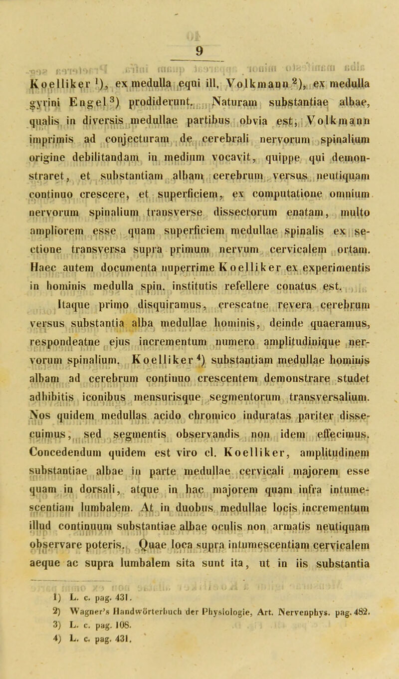 I - / 9 ^pelliker f)^ ex meduUa jeqai ill, Volkmami ^), ex medulia ^yyji^i EngeP) prodideiunt._ Naturam substantiae albae, qualis in diversis medullae partibus obvia estj ; Volkma^nn imprimis ad conjecturam de cerebrali nervorum spinalium origine debilitandam in médium voeavit, quippe qui demon- straret, et substantiam albam cerebrum versus neutiquam çontinuo crescere, et superficiem, ex computatione omnium, neryprum; spinaliurn transverse dissjectorum enatam, jni^l^o ampliorem esse quam superficiem medullae spinalis ex se- çtione transversa supra primum nervum cervicalem ortam. Haec autem documenta iiuperrime Koelliker ex experimentis in hominis medulia spin. institutis refellere conatus est.. . j,;,, Itaque primo disquiramus, crescatne rêvera cerebrum versus substantia alba medullae hominis, deinde quaeramus, resppndeatne j^^jus incrementum numéro ^mplitudinique ner- voru^ spinalium. jjj^p,eUiker substantiam medullae hominis albam ad cerebrum çontinuo crescentem demonstrare studet adhibitis iconibus mensurisque segmentorum transversalium. ;]>iîos quidem medullas acido chromico induratas pariter disse- cuimus, sed segmentis observandis non idem efleciraus. Concedendum quidem est viro cl. Koelliker, amplitudinem substantiae albae ia parte medullae ciervi^ali majorem esse quam in dorsali, atque ii^ hîiC;j,majorem quam infra intume- sçentiam lumbalçm. duobus medullae locis incrementum illud continuum substantiae albae oculis non armatis neutiquam observare poteris. Quae loca supra intumescentiam cervicalem aeque ac supra lumbalem sita sunt ita, ut in iis substantia 1) L. c. pag. 431. 2) Wagner's Handwurteritucii der Physiologie, Art. Nervenphys. pag. 482. 3) L. c. pag. 108. 4) L. c. pag. 431. I