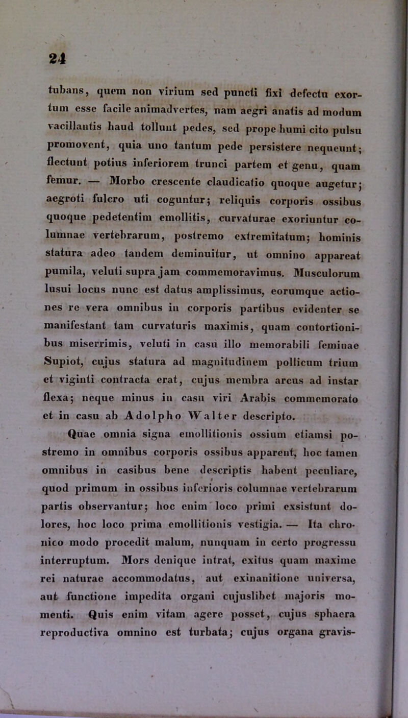 tubans, quem non virium sed puncti fixi defectu exor- tum esse facile animadvertes, nam aegri anatis ad modum vacillantis haud tollunt pedes, sed prope humi cito pulsu promovent, quia uno tantum pede persistere nequeunt; flectunt potius inferiorem trunci partem et genu, quam femur. — Morbo crescente claudicatio quoque augetur; aegroti fulcro uti coguntur; reliquis corporis ossibus quoque pedetentim emollitis, curvaturae exoriuntur co- lumnae vertebrarum, postremo extremitatum; hominis statura adeo tandem deminuitur, ut omnino appareat pumila, veluti supra jam commemoravimus. Musculorum lusui locus nunc est datus amplissimus, eorumque actio- nes re vera omnibus in corporis partibus evidenter se manifestant tam curvaturis maximis, quam contortioni- bus miserrimis, veluti in casu illo memorabili feminae Supiot, cujus statura ad magnitudinem pollicum trium et viginti contracta erat, cujus membra arcus ad instar flexa; neque minus in casu viri Arabis commemorato et in casu ab Adolpho Walter descripto. Quae omnia signa einollitionis ossium etiamsi po- stremo in omnibus corporis ossibus apparent, hoc tamen omnibus in casibus bene descriptis habent peculiare, quod primum in ossibus inferioris columnae vertebrarum partis observantur; hoc enim loco primi exsistunt do- lores, hoc loco prima cmollitionis vestigia. — Ita chro- nico modo procedit malum, nunquam in certo progressu interruptum. Mors denique intrat, exitus quam maxime rei naturae accommodatus, aut exinanitione universa, aut functione impedita organi cujuslibet majoris mo- menti. Quis enim vitam agere posset, cujus sphaera rcproductiva omnino est turbata; cujus organa gravis-