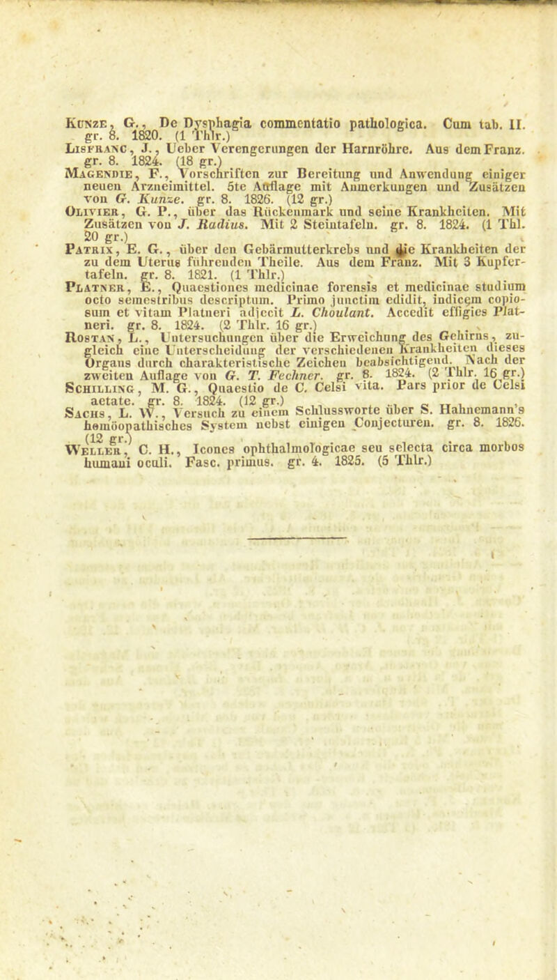 gr. 8. 1820. (1 Thlr.) Lisfranc, J., Ueber Verengerungen der Harnrtihre. Aus demFranz. gr. 8. 1824. (18 gr.) Magendie, F., Vorschriften zur Bereitung und Anwendung ciniger neuen Arzneiinittel. 5te Atrflage mit Aumerkuugen und Zusiitzen ron G. Kunze. gr. 8. 1826. (12 gr.) Oeivier, G. P., iiber das Riickeumark und seine Krankheiten. Mit Zusatzen vou J. Radius. Alit 2 Steintafeln. gr. 8. 1824. (1 Thl. 20 gr.) Patrix, E. G., iiber dcn Gebannutterkrebs und ^ie Krankheiten der zu dem Uterus fiilirenden Theile. Aus dem Frauz. Mit 3 Kupfer- tafeln. gr. 8. 1821. (1 Thlr.) Platner, E., Quaestiones medicinae forensis et medicinae studium octo semestribus descriptum. Primo junctim edidit, indicam copio- sum et vitam Platneri adjecit L. Choulant. Accedit efilgies PJat- neri. gr. 8. 1824. (2 Thlr. 16 gr.) _ . „ Rostan, L., Uutersuchungcn iiber die Erweichung des Gehirns, zu- gleich eine Uuterscheidung der vcrschiedenen Krankheiten theses Orgaus durcli charakteristischc Zeichen beabsichtigend. TSach der zweiten Auflage vou G. T. Fechner. gr. 8. 1824. (2 Thlr. 16 gr.) Schilling, M. G., Quaestio de C. Celsi vita. Pars prior de Celsi aetate, gr. 8. 1824. (12 gr.) . ~ TT . Sachs, L. W. Versuch zu eiuem Schlussworte uber S. Hahnemann s ;  athisches System ncbst cinigen Conjecturem gr. 8. 1826. Welrer, C. H., Icones ophtkalmologicae seu selecta circa morbos humani oculi. Fasc. primus, gr. 4. 1825. (5 Thlr.) i