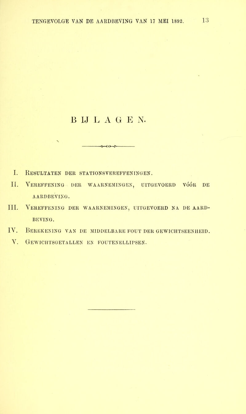 B IJ L A G E N. I. Resultaten der stationsyereffeningen. II. Vereffening der waarnemingen, uitgeyoerd voor de AARDBEYIKG. III. Vereffening der waarnemingen, uitgeyoerd na de aard- BEVING. IV. Berekening yan de middelbare fout der gewichtseenheid. V. Gewichtsgetallen m eoutenellipsen.