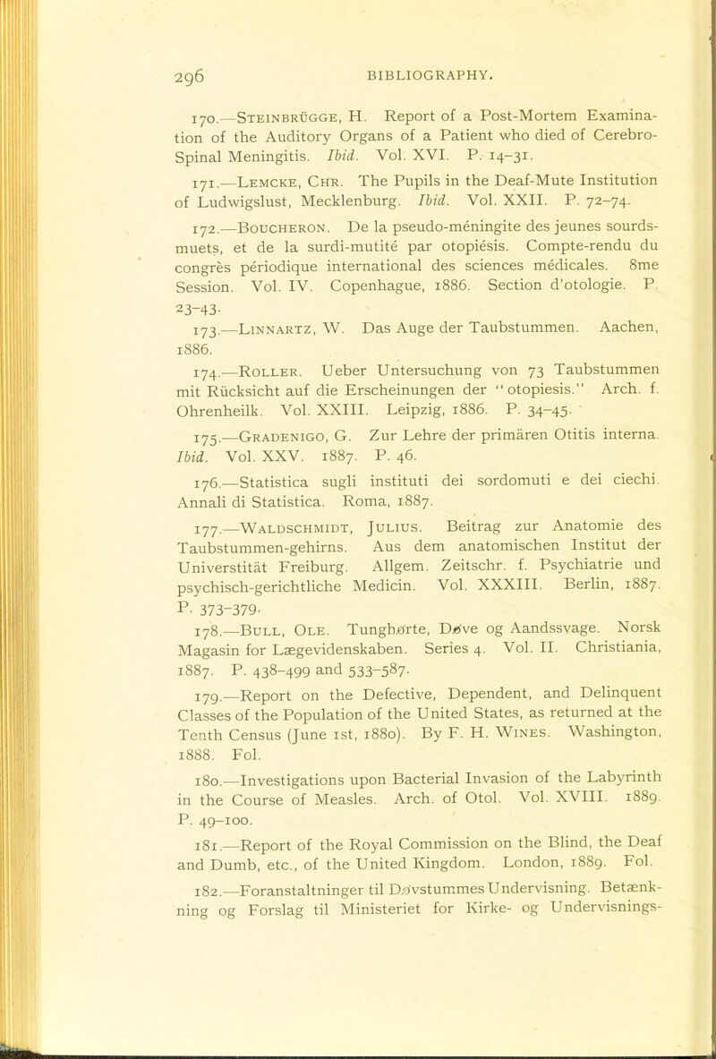 170,—Steinbrugge, H. Report of a Post-Mortem Examina- tion of the Auditory Organs of a Patient who died of Cerebro- spinal Meningitis. Ibid. Vol. XVI. P. 14-31. lyi.—Lemcke, Chr. The Pupils in the Deaf-Mute Institution of Ludwigslust, Mecklenburg. Ibid. Vol. XXII. P. 72-74. 172. —BoucHERON. De la pseudo-meningite des jeunes sourds- muets, et de la surdi-mutite par otopiesis. Compte-rendu du congres periodique international des sciences medicales. 8me Session. Vol. IV. Copenhague, 1886. Section d'otologie. P. 23-43- 173. —LiNNARTZ, W. Das Auge der Taubstummen. Aachen, 1886. 174. —Roller. Ueber Untersuchung von 73 Taubstummen mit Riicksicht auf die Erscheinungen der otopiesis. Arch. f. Ohrenheilk. Vol. XXIII. Leipzig, 1886. P. 34-45. 175. —Gradenigo, G. Zur Lehre der primaren Otitis interna. Ibid. Vol. XXV. 1887. P. 46. 176. —Statistica sugli instituti dei sordomuti e dei ciechi. AnnaH di Statistica. Roma, 1887. 177. —Waldschmidt, Julius. Beitrag zur Anatomie des Taubstummen-gehirns. Aus dem anatomischen Institut der Universtitat Freiburg. Allgem. Zeitschr. f. Psychiatric und psychisch-gerichtliche Medicin. Vol. XXXIII. BerHn, 1887. P- 373-379- 178. _Bull, Ole. TunghfJrte, D«fve og Aandssvage. Norsk Magasin for Laegevidenskaben. Series 4. Vol. II. Christiania, 1887. P. 438-499 and 533-587- lyg.—Report on the Defective, Dependent, and Delinquent Classes of the Population of the United States, as returned at the Tenth Census (June ist, 1880). By F. H. Wines. Washington, 1888. Fol. 180. —Investigations upon Bacterial Invasion of the Labyrinth in the Course of Measles. Arch, of Otol. Vol. XVIII. 1889. P. 49-100. 181. ^Report of the Royal Commission on the Blind, the Deaf and Dumb, etc., of the United Kingdom. London, 18S9. Fol. 182. —Foranstaltninger til D/ivstum.mes Undervisning. Betsnk- ning og Forslag til Ministeriet for Kirke- og Undervisnings-