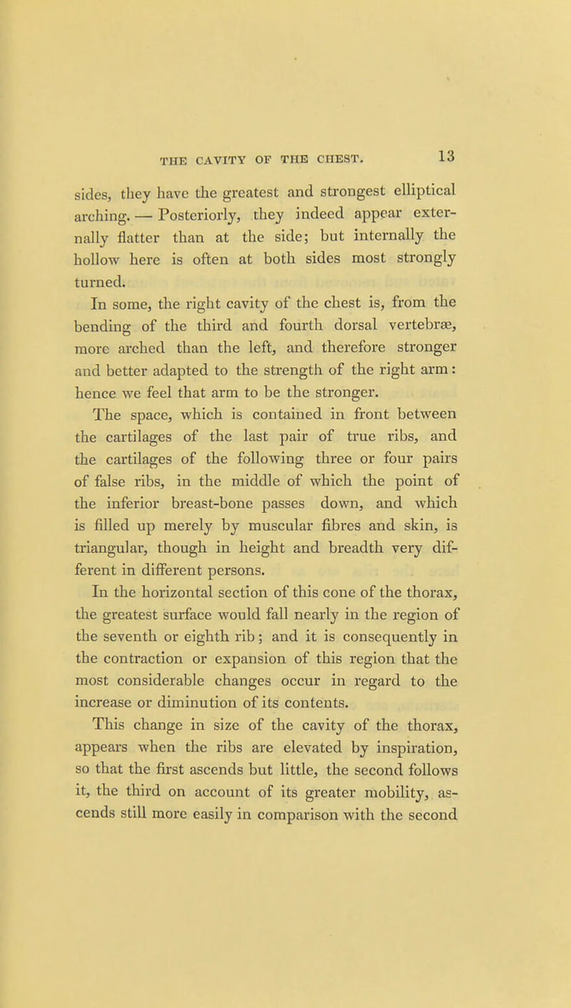 sides, they have the greatest and strongest elliptical arching. — Posteriorly, they indeed appear exter- nally flatter than at the side; but internally the hollow here is often at both sides most strongly turned. In some, the right cavity of the chest is, from the bending of the third and fourth dorsal vertebrae, more arched than the left, and therefore stronger and better adapted to the strength of the right arm: hence we feel that arm to be the stronger. The space, which is contained in front between the cartilages of the last pair of true ribs, and the cartilages of the following three or four pairs of false ribs, in the middle of which the point of the inferior breast-bone passes down, and which is filled up merely by muscular fibres and skin, is triangular, though in height and breadth very dif- ferent in different persons. In the horizontal section of this cone of the thorax, the greatest surface would fall nearly in the region of the seventh or eighth rib; and it is consequently in the contraction or expansion of this region that the most considerable changes occur in regard to the increase or diminution of its contents. This change in size of the cavity of the thorax, appears when the ribs are elevated by inspiration, so that the first ascends but little, the second follows it, the third on account of its greater mobility, as- cends still more easily in comparison with the second