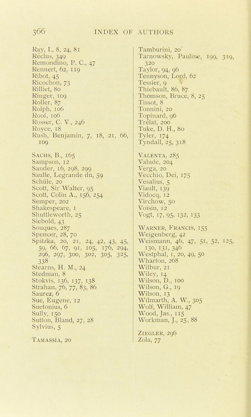 Ray, I., 8, 24, Si Reclus, 349 Remondino, P. C., 47 Rennert, 62, 119 Ribot, 45 Ricochon, 73 Rilliet, 80 Ringer, 109 Roller, 87 Rolph, 106 Roof, 106 Rosser, C. V., 246 Royce, 18 Rush, Benjamin, 7, 18, 21, 66, 109 Sachs, B., 165 Sampson, 12 Sander, 16, 298, 299 Saulle, Legrande du, 59 Schiile, 20 Scott, Sir Walter, 95 Scott, Colin A., 156, 254 Semper, 202 Shakespeare, 1 Shuttleworth, 25 Siebold, 43 Souques, 287 Spencer, 28, 70 Spitz-ka, 20, 21, 24, 42, 43, 45, 59, 66, 67, 91, 105, 176, 294, 296, 297, 300, 302, 305, 325, 338 Stearns, H. M., 24 Stedman, 8 Stokvis, 136, 137, 138 Strahan, 76, 77, 83, 86 Saurez, 6 Sue, Eugene, 12 Suetonius, 6 Sully, 150 Sutton, Bland, 27, 28 Sylvius, 5 Tamassia, 20 Tamburini, 20 Tarnowsky, Pauline, 199, 319, 320 Taylor, 94, 96 Tennyson, Lord, 62 Tessier, 9 Thiebault, 86, 87 Thomson, Bruce, 8, 23 Tissot, 8 Tonnini, 20 Topinard, 96 Trelat, 200 Tuke, D. H., 80 Tyler, 174 Tyndall, 25, 318 Valenta, 285 Valude, 204 Verga, 20 Vecchio, Dei, 175 Vesalius, 5 Viault, 139 Vidocq, 12 Virchow, 50 Voisin, 12 Vogt, 17, 95, 132, 133 Warner, Francis, 155 Weigenberg, 42 Weismann, 46, 47, 51, 52, 125, 130, 131, 346 Westphal, 1, 20, 49, 50 Wharton, 268 Wilbur, 21 Wiley, 14 Wilson, D., 100 Wilson, G., 19 Wilson, 13 Wilmarth, A. W., 303 Wolf, William, 47' Wood, Jas., 115 Workman, J., 25, 88 Ziegler, 296 Zola, 77