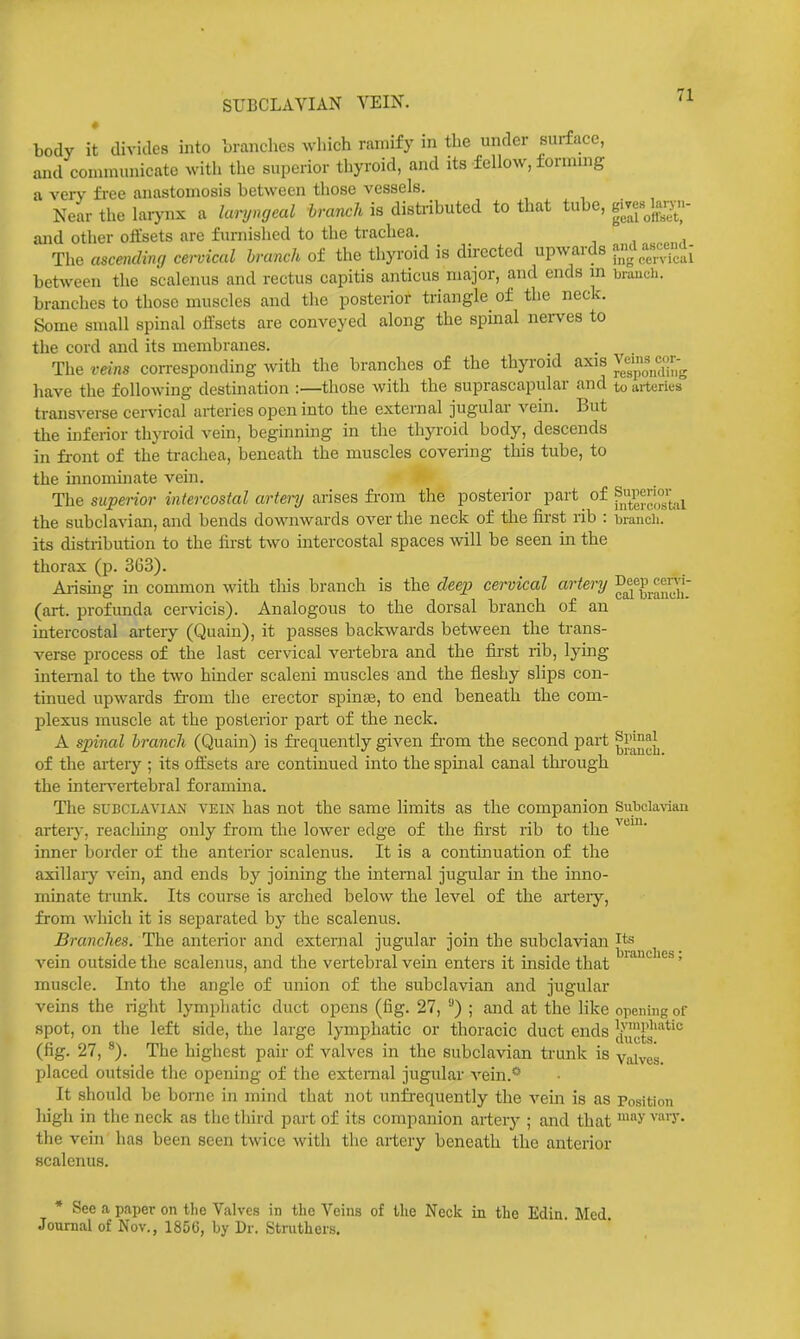 SUBCLAVIAN VEIN. ^^ body it divides into branches which ramify in the under surface, and conununicate with the superior thyroid, and its fellow, tormnig a A'ery free anastomosis between those vessels. Near the larynx a lunjngeal branch is distributed to that tube, and other offsets are furnished to the trachea. _ The ascending cemcal branch of the thyroid is directed upwards ing cervical between the scalenus and rectus capitis anticus major, and ends m branch, branches to those muscles and the posterior triangle of the neck. Some small spinal offsets are conveyed along the spinal nei-ves to the cord and its membranes. The veins corresponding with the branches of the thyroid axis Ven^^cor-^^ have the following destination :—those with the suprascapular and to arteries ti-ansverse cervical arteries open into the external jugular vein. But the inferior thyroid vein, beginning in the thyroid body, descends in fi-ont of the trachea, beneath the muscles covering this tube, to the mnoniinate vein. The supenor intercostal artery &r\B<is fvom the posterior pai't of f„ie^4°ta^ the subclavian, and bends downwards over the neck of the first rib : branch, its distribution to the first two intercostal spaces will be seen in the thorax (p. 363). Aiismg in common with this branch is the deep cervical artery '^^^l^^^^Xu (art. profunda cervicis). Analogous to the dorsal branch of an intercostal arteiy (Quain), it passes backwards between the trans- A'^erse process of the last cervical vertebra and the first rib, lying intei-nal to the two hinder scaleni muscles and the fleshy slips con- tinued upwards from the erector spinse, to end beneath the com- plexus muscle at the posterior part of the neck. A spinal branch (Quain) is frequently given from the second part of the arteiy ; its offsets are continued into the spinal canal through the intei-vertebral foramina. The SUBCLAVI^VN VEIN has not the same limits as the companion Sui)cla\'ian arteiy, reacliing only from the lower edge of the first rib to the inner border of the anterior scalenus. It is a contmuation of the axillaiy vein, and ends by joining the internal jugular in the inno- minate trunk. Its course is arched below the level of the arteiy, from which it is separated by the scalenus. Branches. The anterior and external jugular join the subcla^dan its bianches • vein outside the scalenus, and the vertebral vein enters it inside that muscle. Into the angle of union of the subclavian and jugular veins the right lymphatic duct opens (fig. 27, ) ; and at the like opening of spot, on the left side, the large lymphatic or thoracic duct ends JiiJyt's'^'*' (fig. 27, *). The highest pair of valves in the subclavian trunk is valves, placed outside the opening of the external jugular vein.* It should be borne in mind that not unfrequently the vem is as Position liigh in the neck as the third part of its companion artery ; and that '^ the vein has been seen twice with the arteiy beneath the anterior scalenus. • See a paper on tlio Valves in the Veins of the Neck in the Edin Med Journal of Nov., 1856, by Dr. Struthers.
