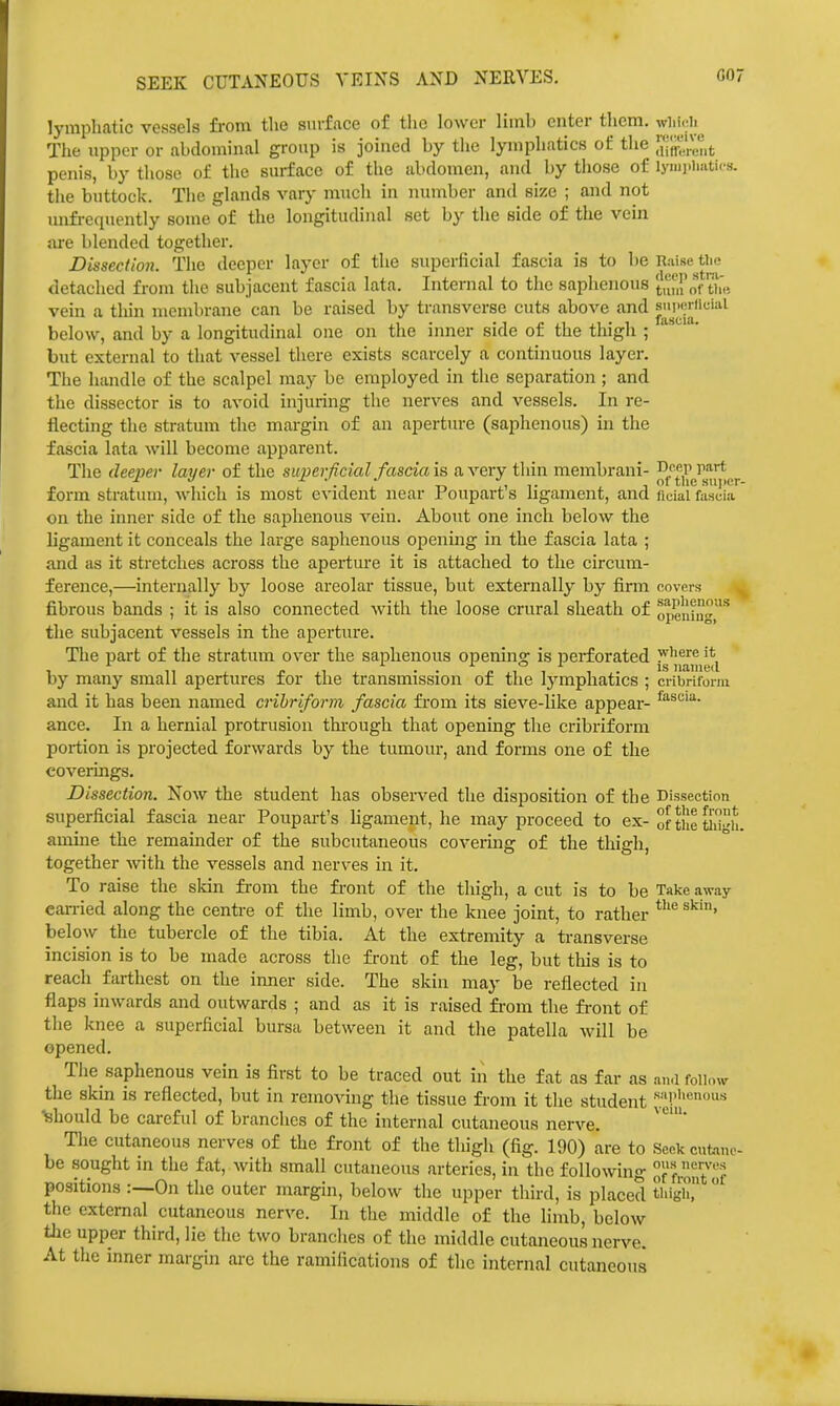 SEEK CUTANEOUS VEINS AND NERVES. 007 lymphatic vessels from the surface of tlio lower limb enter them, wl.icii The upper or abdominal group is joined by the lymphatics of the ^^-in-rZt penis, by those of the surface of the abdomen, and by those of lyiui>liatii's. the buttock. The glands vary much in number and size ; and not unfi-equently some of the longitudinal set by the side of the vein {\re blended together. Dissection. The deeper layer of the superficial fascia is to be n.-vise the detached from the subjacent fascia lata. Internal to the saphenous ti^H'of tim vein a thin nicnd)rane can be raised by transverse cuts above and ^.^^'j^*^''^^ below, and by a longitudinal one on the inner side of the thigh ; ' but external to that vessel there exists scarcely a continuous layer. The handle of the scalpel may be employed in the separation ; and the dissector is to avoid injuring the nerves and vessels. In re- flecting the stratum the margin of an aperture (saphenous) in the fascia lata will become apparent. The deeper layei- of the superficial fascials a very thin membrani- ]5f^t,^e^j|JJ^gy form stratum, which is most evident near Poupart's ligament, and ndai fascia on the inner side of the saphenous vein. About one inch below the ligament it conceals the large saphenous opening in the fascia lata ; and as it stretches across the aperture it is attached to the circum- ference,—internally by loose areolar tissue, but externally by firm covers fibrous bands ; it is also connected with the loose crural sheath of openin'' the subjacent vessels in the aperture. The part of the stratum over the saphenous openino: is perforated y^'^ere it is iin.iii6<i by many small apertures for the transmission of the Ij'mphatics ; cribriform and it has been named cribriform fascia from its sieve-like appear- ance. In a hernial protrusion thi-ough that opening the cribriform portion is projected forwards by the tumour, and forms one of the coverings. Dissection. Now the student has observed the disposition of the Dissection superficial fascia near Poupart's ligament, he may proceed to ex- oftheUUgh. amine the remainder of the subcutaneous covering of the thigh, together with the vessels and nerves in it. To raise the skin from the fi-ont of the thigh, a cut is to be Take away carried along the centre of the limb, over the knee joint, to rather '^ below the tubercle of the tibia. At the extremity a transverse incision is to be made across the front of the leg, but this is to reach farthest on the inner side. The skin may be reflected in flaps inwards and outwards ; and as it is raised fi-om the fi-ont of the knee a superficial bursa between it and the patella will be opened. The saphenous vein is first to be traced out in the fat as far as an.l follow the skin is reflected, but in removing the tissue from it the student ■fehould be careful of branches of the internal cutaneous nerve. The cutaneous nerves of the front of the thigh (fig. 190) are to Seek cutano- be sought in the fat, Avith small cutaneous arteries, in the following f front of positions :—On the outer margin, below the upper third, is placed thigh  the external cutaneous nerve. In the middle of the limb, below the upper third, lie the two branches of the middle cutaneous nerve. At the inner margin arc the ramifications of the internal cutaneous
