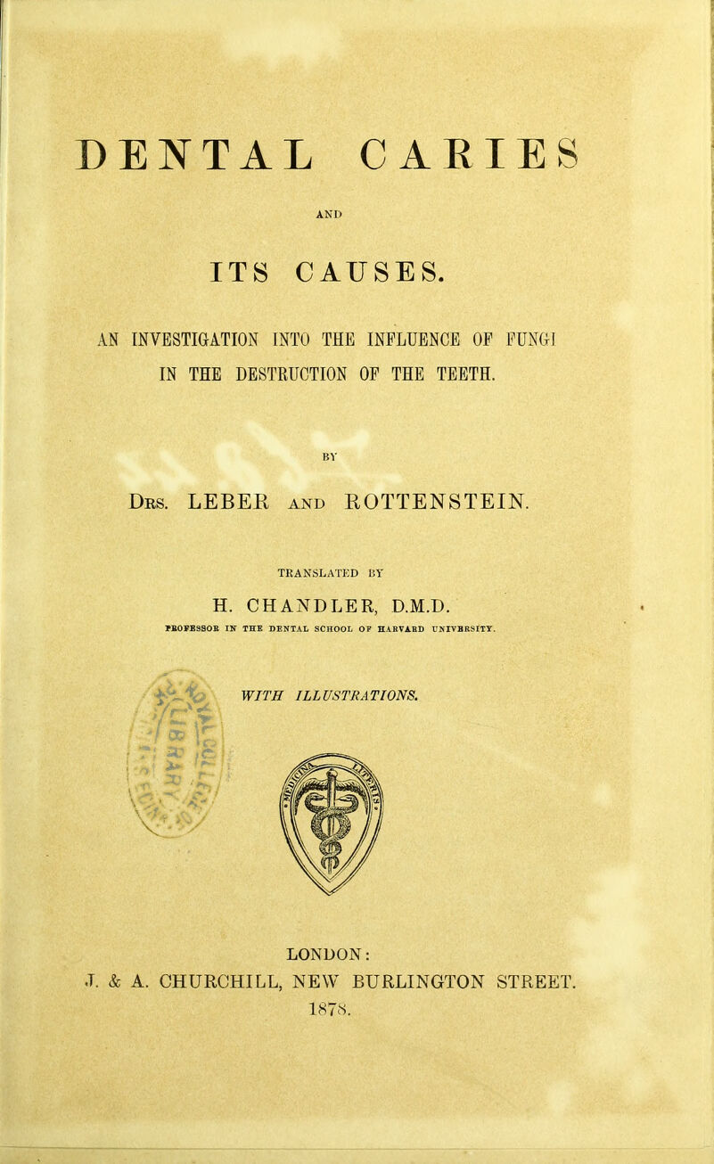 DENTAL CARIES ITS CAUSES. AN INVESTIGATION INTO THE INFLUENCE OP FUNdl IN THE DESTRUCTION OF THE TEETH. BY Drs. LEBER AND ROTTENSTEIN. TRANSLATKD BY H. CHANDLER, D.M.D. rll0rE3SOK IN THE DENTAL SCHOOL OP HAEVABD UNIVBRSIIT. t'-'^b WITH ILLUSTRATIONS. V. LONDON: J. & A. CHURCHILL, NEW BURLINGTON STREET. 187«.