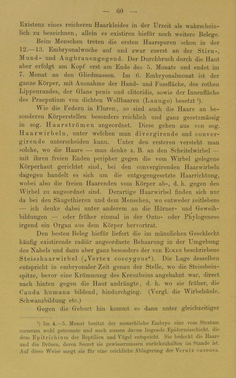 GO Existenz eines reicheren Haarkleides in der Urzeit als wahrschein- lich zu bezeichnen, allein es existiren hiefür noch weitere Belege. Beim Menschen treten die ersten Haarspuren schon in der 12.—13. Embryonalwoche auf und zwar zuerst an der Stirn-, Mund- und Augbrauengegend. Der Durchbruch durch die Haut aber erfolgt am Kopf erst am Ende des 5. Monats und endet im 7. Monat an den Gliedmassen. Im 6. Embryonalmonat ist der ganze Körper, mit Ausnahme der Hand- und Fussfläche, des rothen Lippenrandes, der Glans penis und clitoridis, sowie der Innenfläche des Praeputium von dichten Wollhaaren (Lanugo) besetzt1). Wie die Federn in Fluren, so sind auch die Haare an be- sonderen Körperstellen besonders reichlich und ganz gesetzmässig in sog. Haar strömen angeordnet. Diese gehen aus von sog. Haa rwirbeln, unter welchen man divergirende und conver- girende unterscheiden kann. Unter den ersteren versteht man solche, wo die Haare — man denke z. B. an den Scheitelwirbel mit ihren freien Enden peripher gegen die vom Wirbel gelegene Körperhaut gerichtet sind, bei den convergirenden Haarwirbeln dagegen handelt es sich um die entgegengesetzte Haarrichtung, wobei also die freien Haarenden vom Körper ab-, d. h. gegen den Wirbel zu angeordnet sind. Derartige Haarwirbel finden sich nur da bei den Säugethieren und dem Menschen, wo entweder zeitlebens — ich denke dabei unter anderem an die Hörner- und Geweih- bildungen — oder früher einmal in der Onto- oder Phylogenese irgend ein Organ aus dem Körper hervortrat. Den besten Beleg hiefür liefert die im männlichen Geschlecht häufig existirende radiär angeordnete Behaarung in der Umgebung des Nabels und dann aber ganz besonders der von Ecker beschriebene Steisshaarwirbel („Vertex coccygeus“). Die Lage desselben entspricht in embryonaler Zeit genau der Stelle, wo die Steissbein- spitze, bevor eine Krümmung des Kreuzbeins angebahnt war, direct nach hinten gegen die Haut andrängte, d. h. wo sie früher, die Cauda humana bildend, hindurchging. (Vergl. die Wirbelsäule. Schwanzbildung etc.) Gegen die Geburt hin kommt es dann unter gleichzeitiger ’) Im 4.—5. Monat besitzt der menschliche Embryo eine vom Stratum corneum wohl getrennte und nach aussen davon liegende Epidermisschicht, die dem Epitricliium der Reptilien und Vögel entspricht. Sie bedeckt die Haare und die Drüsen, deren Secret sie gewissermassen zurückzuhalten im Stande ist. Auf diese Weise sorgt sie für eine reichliche Ablagerung der Vernix caseosa.