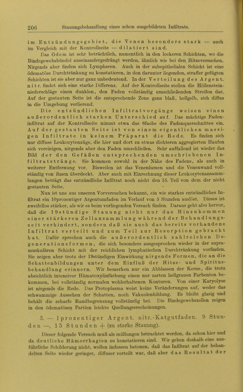 im Entzündungsgebiet, die Venen besonders stark — auch im Vergleich mit der Kontrollseite — dilatiert sind. Das ödem ist sehr beträchtlich, namentlich in den lockeren Schichten, wo die Bindegewebsbündel auseinandergedrängt werden, ähnlich wie bei den Hitzeversuchen. Nirgends aber finden sich Lymphseen. Auch in der subepithelialen Schicht ist eine ödematöse Durchtränkung zu konstatieren, in den darunter liegenden, straffer gefügten Schichten ist sie aber nur ganz unbedeutend. In der Verteilung des Argen t. n i t r. findet sich eine starke Differenz. Auf der Kontrollseite stellen die Höllenstein- niederschläge einen dunklen, den Faden vollständig umschließenden Streifen dar. Auf der gestauten Seite ist die entsprechende Zone ganz blaß, hellgelb, sich diffus in die Umgebung verlierend. Die entzündlichen I n f i 11 r a t v o r g ä n g e weisen einen außerordentlich starken Unterschied au f. Das mächtige Faden- infiltrat auf der Kontrollseite nimmt etwa das 6fache des Fadenquerschnittes ein. Auf der gestauten Seite ist von einem eigentlichen massi- gen Infiltrate in keinem Präparat die Rede. Es finden sich nur diffuse Leukozytenzüge, die hier und dort zu etwas dichteren aggregierten Haufen sich vereinigen, nirgends aber den Faden umschließen. Sehr auffallend ist wieder das Bild der den Gefäßen entsprechenden umschriebenen In- filtratstränge. Sie kommen sowohl in der Nähe des Fadens, als auch in weiterer Entfernung vor. Bisweilen ist das Venenlumen und die Venenwand voll- ständig von ihnen überdeckt. Aber auch mit Einrechnung dieser Leukozytenansamm- lungen beträgt das entzündliche Infiltrat noch nicht den 15. Teil von dem der nicht gestauten Seite. Nun ist uns aus unseren Vorversuchen bekannt, ein wie starkes entzündliches In- filtrat ein lOprozentiger Argentumfaden im Verlauf von 5 Stimden auslöst. Dieses ist zweifellos stärker, als wir es beim vorliegenden Versuch finden. Daraus geht also hervor, daß die 19stündige Stauung nicht nur das Hinzukommen einer stärkeren Zellansammlung während der Behandlungs- zeit verhindert, sondern daß sie auch das bereits vorhandene Infiltrat verteilt und zum Teil zur Resorption gebracht hat. Dafür sprechen auch die außerordentlich zahlreichen De- generationsformen, die sich besonders ausgesprochen wieder in der supra- muskulären Schicht mit der reichlichen lymphatischen Durchtränkung vorfinden. Sie zeigen aber trotz der 19stündigen Einwirkung nirgends Formen, die an die Schattenbildungen unter dem Einfluß der Hitze- und Spiritus- behandlung erinnern. Wir bemerken nur ein Abblassen der Kerne, die trotz absichtlich intensiver Hämatoxylinfärbung einen nur zarten hellgrauen Farbenton be- kommen, bei vollständig normalen wohlerhaltenen Konturen. Von einer Karyolyse ist nirgends die Rede. IDas Protoplasma weist keine Verändenmgen auf, weder das schwammige Aussehen der Schatten, noch Vakuolenbildung. Es bleibt glasig und behält die scharfe Randbegrenzung vollständig bei. Die Bindegewebszellen zeigen in den ödematösen Partien leichte QueUungserscheinungen. 3. — Iprozentiger Argent. iiitr.-Katgutfaden. 9 Stun- den—, 15 Stunden + (zu starke Stauung). Dieser folgende Versuch muß als mißlungen betrachtet werden, da schon hier und da deutliche Hämorrhagien zu konstatieren sind. Wir geben deshalb eine aus- führhche Schilderung nicht, wollen indessen betonen, daß das Infiltrat auf der behan- delten Seite wieder geringer, diffuser verteilt war, daß aber das Resultat der