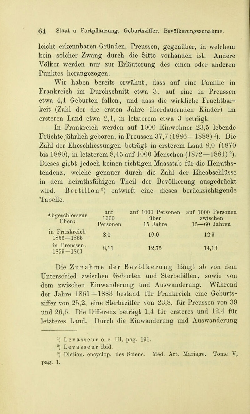 leicht erkennbaren Gründen, Preussen, gegenüber, in welchem kein solcher Zwang durch die Sitte vorhanden ist. Andere Völker werden nur zur Erläuterung des einen oder anderen Punktes herangezogen. Wir haben bereits erwähnt, dass auf eine Familie in Frankreich im Durchschnitt etwa 3, auf eine in Preussen etwa 4,1 Geburten fallen, und dass die wirkliche Fruchtbar- keit (Zahl der die ersten Jahre überdauernden Kinder) im -ersteren Land etwa 2,1, in letzterem etwa 3 beträgt. In Frankreich werden auf 1000 Einwohner 23,5 lebende Früchte jährlich geboren, in Preussen 37,7 (1886—1888) i). Die Zahl der Eheschliessungen beträgt in ersterem Land 8,0 (1870 bis 1880), in letzterem 8,45 auf 1000 Menschen (1872—1881) Dieses giebt jedoch keinen richtigen Maasstab für die Heiraths- tendenz, welche genauer durch die Zahl der Eheabschlüsse in dem heirathsfähigen Theil der Bevölkerung ausgedrückt wird. Bertillon'^) entwirft eine dieses berücksichtigende Tabelle. Abgeschlossene Ehen: in Frankreich 1856—1865 in Preussen- 1859-1861 auf 1000 Personen 8,0 8,11 auf 1000 Personen über 15 Jahre 10,0 12,75 auf 1000 Personen zwischen 15—60 Jahren 12,9 14,13 Die Zunahme der Bevölkerung hängt ab von dem Unterschied zwischen Geburten und Sterbefällen, sowie von dem zwischen Einwanderung und Auswanderung. Während der Jahre 1861—1883 bestand für Frankreich eine Geburts- ^iffer von 25,2, eine Sterbeziffer von 23,8, für Preussen von 39 und 26,6. Die Differenz beträgt 1,4 für ersteres und 12,4 für letzteres Land. Durch die Einwanderung und Auswanderung ^) Levasseur o. c. III, pag. 191. 2) Levasseur ibid. ^) Diction. encyclop. des Scienc. Med. Art. Mariage. Tome V, pag. 1.