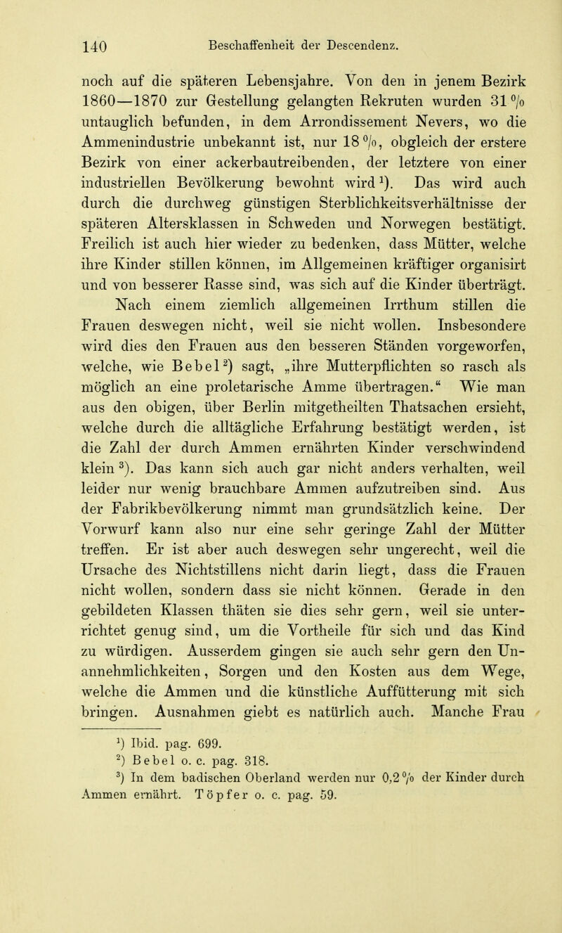 noch auf die späteren Lebensjahre. Von den in jenem Bezirk 1860—1870 zur Gestellung gelangten Rekruten wurden 31 ^/o untauglich befunden, in dem Arrondissement Nevers, wo die Ammenindustrie unbekannt ist, nurl8^/o, obgleich der erstere Bezirk von einer ackerbautreibenden, der letztere von einer industriellen Bevölkerung bewohnt wird Das wird auch durch die durchweg günstigen Sterblichkeitsverhältnisse der späteren Altersklassen in Schweden und Norwegen bestätigt. Freilich ist auch hier wieder zu bedenken, dass Mütter, welche ihre Kinder stillen können, im Allgemeinen kräftiger organisirt und von besserer Rasse sind, was sich auf die Kinder überträgt. Nach einem ziemlich allgemeinen Irrthum stillen die Frauen deswegen nicht, weil sie nicht wollen. Insbesondere wird dies den Frauen aus den besseren Ständen vorgeworfen, welche, wie Bebel ^) sagt, „ihre Mutterpflichten so rasch als möglich an eine proletarische Amme übertragen. Wie man aus den obigen, über Berlin mitgetheilten Thatsachen ersieht, welche durch die alltägliche Erfahrung bestätigt werden, ist die Zahl der durch Ammen ernährten Kinder verschwindend klein ^). Das kann sich auch gar nicht anders verhalten, weil leider nur wenig brauchbare Ammen aufzutreiben sind. Aus der Fabrikbevölkerung nimmt man grundsätzlich keine. Der Vorwurf kann also nur eine sehr geringe Zahl der Mütter treffen. Er ist aber auch deswegen sehr ungerecht, weil die Ursache des Nichtstillens nicht darin liegt, dass die Frauen nicht wollen, sondern dass sie nicht können. Gerade in den gebildeten Klassen thäten sie dies sehr gern, weil sie unter- richtet genug sind, um die Vortheile für sich und das Kind zu würdigen. Ausserdem gingen sie auch sehr gern den Un- annehmlichkeiten , Sorgen und den Kosten aus dem Wege, welche die Ammen und die künstliche Auffütterung mit sich bringen. Ausnahmen giebt es natürlich auch. Manche Frau 1) Ibid. pag. 699. 2) Bebel o. c. pag. 318. ^) In dem badischen Oberland werden nur 0,2 /o der Kinder durch Ammen ernährt. Töpfer o. c. pag. 59.