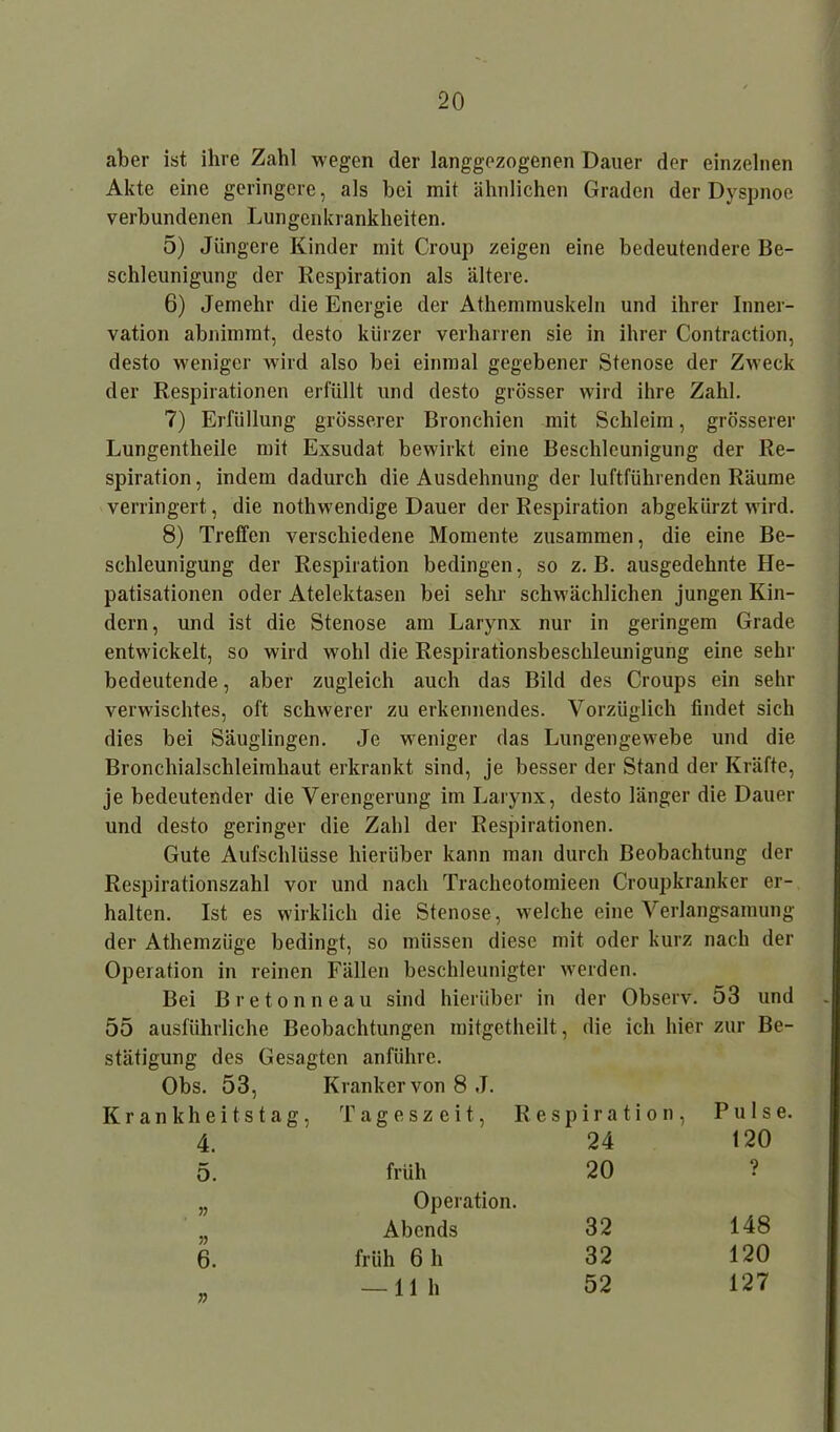 aber ist ihre Zahl wegen der langgezogenen Dauer der einzelnen Akte eine geringere, als bei mit ähnlichen Graden der Dyspnoe verbundenen Lungenkrankheiten. 5) Jüngere Kinder mit Croup zeigen eine bedeutendere Be- schleunigung der Respiration als ältere. 6) Jemehr die Energie der Athemmuskeln und ihrer Inner- vation abnimmt, desto kürzer verharren sie in ihrer Contraction, desto weniger wird also bei einmal gegebener Stenose der Zweck der Respirationen erfüllt und desto grösser wird ihre Zahl. 7) Erfüllung grösserer Bronchien mit Schleim, grösserer Lungentheile mit Exsudat bewirkt eine Beschleunigung der Re- spiration , indem dadurch die Ausdehnung der luftführenden Räume verringert , die nothwendige Dauer der Respiration abgekürzt wird. 8) Treffen verschiedene Momente zusammen, die eine Be- schleunigung der Respiration bedingen, so z. B. ausgedehnte He- patisationen oder Atelektasen bei sehr schwächlichen jungen Kin- dern, und ist die Stenose am Larynx nur in geringem Grade entwickelt, so wird wohl die Respirationsbeschleunigung eine sehr bedeutende, aber zugleich auch das Bild des Croups ein sehr verwischtes, oft schwerer zu erkennendes. Vorzüglich findet sich dies bei Säuglingen. Je weniger das Lungengewebe und die Bronchialschleimhaut erkrankt sind, je besser der Stand der Kräfte, je bedeutender die Verengerung im Larynx, desto länger die Dauer und desto geringer die Zahl der Respirationen. Gute Aufschlüsse hierüber kann man durch Beobachtung der Respirationszahl vor und nach Tracheotomieen Croupkranker er- halten. Ist es wirklich die Stenose, welche eine Verlangsamung der Athemzüge bedingt, so müssen diese mit oder kurz nach der Operation in reinen Fällen beschleunigter werden. Bei Breton ne au sind hierüber in der Observ. 53 und 55 ausführliche Beobachtungen mitgetheilt, die ich hier zur Be- stätigung des Gesagten anführe. Obs. 53, Kranker von 8 J. Krankheitstag, Tageszeit, Res p i r a t i o n , Pulse. 4. 24 120 5. früh 20 ? Operation. Abends 32 148 6. früh 6 h 32 120 5) — 11h 52 127