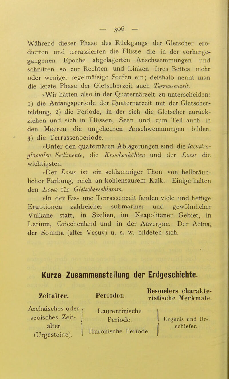 Während dieser Phase des Rückgangs der Gletscher ero- dierten und terrassierten die Flüsse die in der vorherge- gangenen Epoche abgelagerten Anschwemmungen und schnitten so zur Rechten und Linken ihres Bettes mehr oder weniger regelmäfsige Stufen ein; defshalb nennt man die letzte Phase der Gletscherzeit auch Terrassenzeit. »Wir hätten also in der Quaternärzeit zu unterscheiden: i) die Anfangsperiode der Quaternärzeit mit der Gletscher- bildung, 2) die Periode, in der sich die Gletscher zurück- ziehen und sich in Flüssen, Seen und zum Teil auch in den Meeren die ungeheuren Anschwemmungen bilden. 3) die Terrassenperiode. »Unter den quaternären Ablagerungen sind die lacustro- glacialen Sedimente, die Knochenhöhlen und der Loess die wichtigsten. »Der Loess ist ein schlammiger Thon von hellbräun- licher Färbung, reich an kohlensaurem Kalk. Einige halten den Loess für Gletscher schlämm. »In der Eis- une Terrassenzeit fanden viele und heftige Eruptionen zahlreicher submariner und gewöhnlicher Vulkane statt, in Sizilien, im Neapolitaner Gebiet, in Latium, Griechenland und in der Auvergne. Der Aetna, der Somma (alter Vesuv) u. s. w. bildeten sich. Kurze Zusammenstellung der Erdgeschichte. Zeitalter. Archaisches oder azoisches Zeit- alter (Urgesteine). Perioden. Laurentinische Periode. Huronische Periode Besonders charakte- ristische, Merkmal h. ■ I Urgneis und Ur- schiefer.