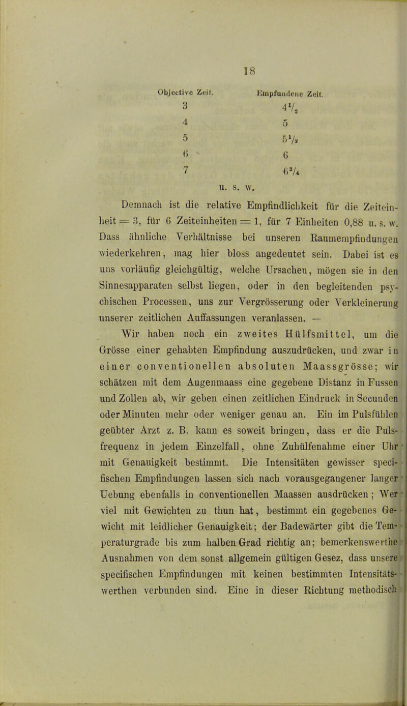 Objective Zeit. Einpfundeiie Zeit. 3 4% 4 5 •i G 7 fiV* u. s. w. Demnach ist die relative Empfindliclikeit für die Zeitein- heit =: 3, für C) Zeiteinheiten = 1, für 7 Einheiten 0,88 u. s. w. Dass ähnliche Verhältnisse bei unseren Raumempfiudungca wiederkehren, mag hier blo.ss angedeutet sein. Dabei ist es uns vorläufig gleichgültig, welche Ursachen, mögen sie in den Sinnesapparaten selbst liegen, oder in den begleitenden psy- chischen Processen, uns zur Vergrösserung oder Verkleinerung unserer zeitlichen Auffassungen veranlassen. — Wir haben noch ein zweites Hülfsmittel, um die Grösse einer gehabten Empfindung auszudrücken, und zwar in einer conventionellen absoluten Maassgrösse; wir schätzen mit dem Augenmaass eine gegebene Distanz in Fussen und Zollen ab, wir geben einen zeitlichen Eindruck in Secunden oder Minuten mehr oder weniger genau an. Ein im Pulsfühlen geübter Arzt z. B. kann es soweit bringen, dass er die Puls- frequenz in jedem Einzelfall. ohne Zuhülfenahme einer Uhr • mit Genauigkeit bestimmt. Die Intensitäten gewisser speci- ■ fischen Empfindungen lassen sich nach vorausgegangener langer ■ üebung ebenfalls in conventioneilen Maassen ausdrücken; Wer • viel mit Gewichten zu thun hat, bestimmt ein gegebenes Ge-> wicht mit leidlicher Genauigkeit; der Badewärter gibt dieTem-r peraturgrade bis zum halben Grad richtig an; bemerkenswerthe^ Ausnahmen von dem sonst allgemein gültigen Gesez, dass unsere specifischen Empfindungen mit keinen bestimmten Intensitäts- werthen verbunden sind. Eine in dieser Richtung methodisch