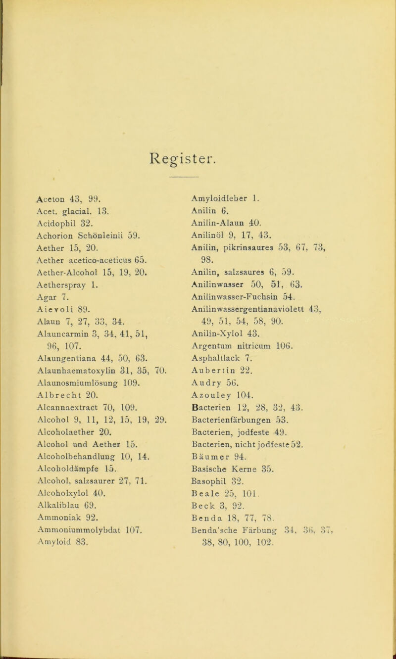 Register. Aceton 43, Acet. glacial. 13. Acidophil 32. Achorion Schönleinü 59. Aether 15, 20. Aether acetico-aceticus G5. .Aether-Alcohol 15, 19, 20. Aetherspray 1. Agar 7. Aievoli 89. Alaun 7, 27, 33, 34. Alauncarmin 3, 34, 41, 51, 96, 107. Alaungentiana 44, 50, 63. Alaunhaematoxylin 31, 35, 70. Alaunosmiumlösung 109. Al brecht 20. Alcannaextract 70, 109. Alcohol 9, 11, 12, 15, 19, 29. Alcoholaether 20. Alcohol und Aether 15. Alcoholbehandlung 10, 14. Alcoholdämpfe 15. Alcohol, salzsaurer 27, 71. Alcoholxylol 40. Alkaliblau 69. Ammoniak 92. Ammoniummolybdat 107. Amyloid 83. Amyloid leber 1. Anilin 6. Anilin-Alaun 40. Anilinöl 9, 17, 43. Anilin, pikrinsaures 53, 67, 7 98. Anilin, salzsaures 6, 59. Anilinwasser 50, 51, 63. Anilinwasser-Fuchsin 54. Anilinwassergentianaviolett 43 49, 51, 54, 58, 90. Anilin-Xylol 43. Argentum nitricum 106. Asphaltlack 7. Aubertin 22. Au dry 56. Azouley 104. Bacterien 12, 28, 32, 43. Bacterienfärbungen 53. Bacterien, jodfeste 49. Bacterien, nicht jodfeste 52. Bäumer 94. Basische Kerne 35. Basophil .32. Beale 25, 101. Beck 3, 92. Benda 18, 77, 78. Benda’sche Färbung 34, 3ii. 38, 80, 100, 102.