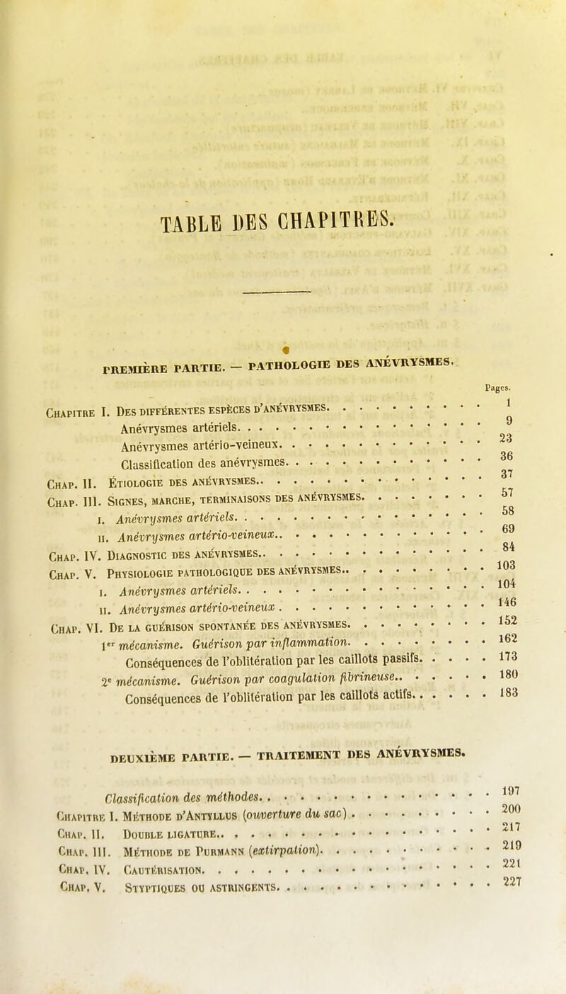 TABLE DES CHAPITRES. rRESUÈRE PARTIE. - PATHOLOGIE DES .VNÉVIIYSMES. Pages. Chapitre I. Des différentes espèces d'anévrysmes ^ Anévrysmes artériels ^ Anévrysmes artério-veineux Classification des anévrysmes 37 ChAP. II. ÉTIOLOGIE DES ANÉVRYSMES Chap. 111. Signes, marche, terminaisons des anévrysmes I. Anévrysmes artériels II. Anévrvsmes artério-veinem . . . 84 Chap. IV. Diagnostic des anévrysmes Chap. V. Physiologie pathologique des anévrysmes 103 I, Anévrysmes artériels • * ' ' II. Anévrysmes artério-veineux Chap. VI. De LA GUÉRisoN SPONTANÉE DES anévrysmes 152 \ mécanisme. Guérison far inflammation l62 Conséquences de l'oblitération par les caillots passifs. .... 173 2' mécanisme. Guérison par coagulation fibrineuse 180 Conséquences de l'oblitération par les caillots actifs 183 DEUXIÈME PARTIE. — TRAITEMENT DES ANÉVRYSMES. Classification des méthodes Chapitre I. Méthode d'Antyllus (oiwertwre du soc) 200 Chap. II. Double ligature * Chap. 111. Méthode de Purmann (eicftrpaU'on). 221 Chap. IV. Cautérisation