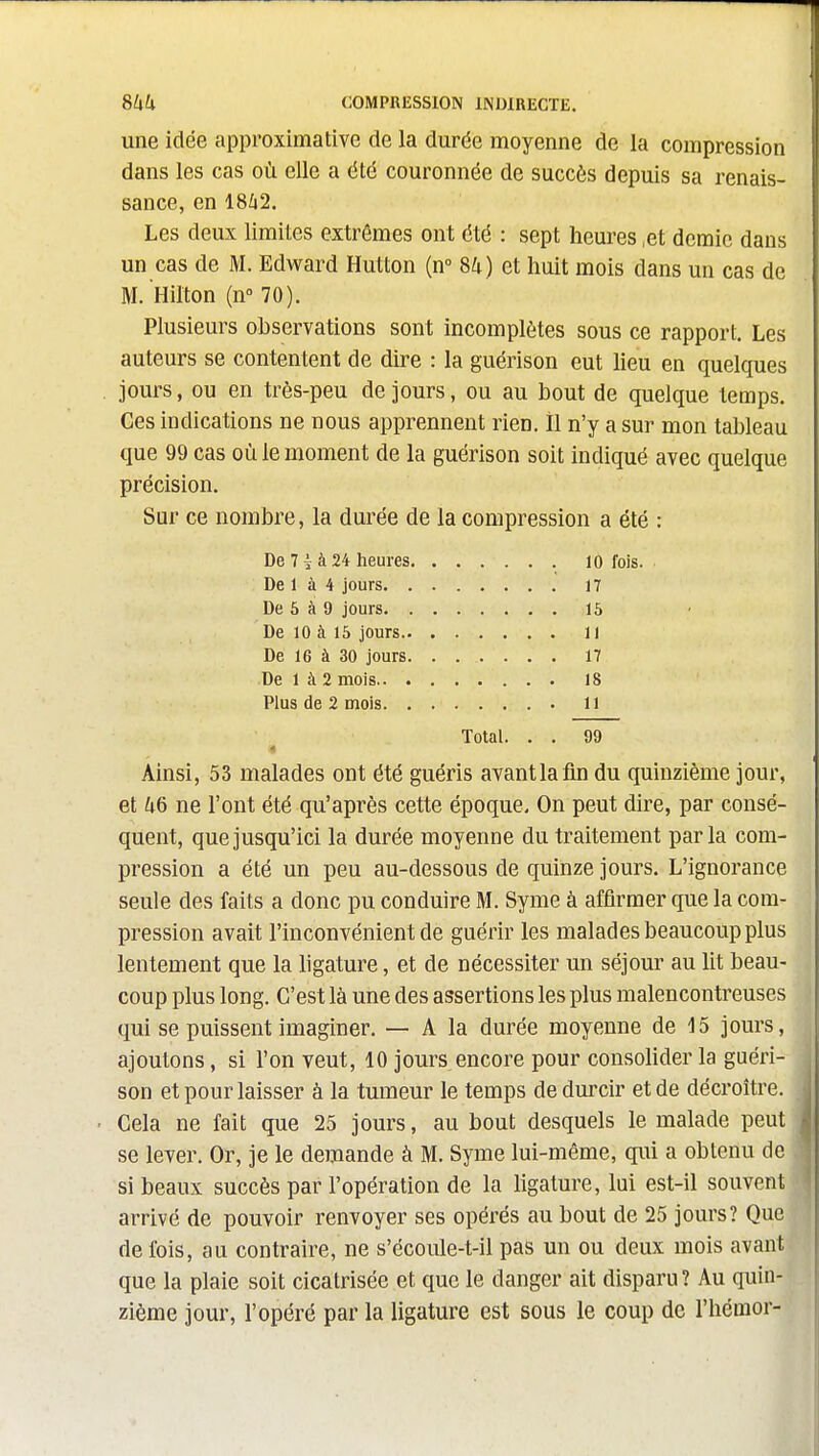 une idée approximative de la durée moyenne de la compression dans les cas où elle a été couronnée de succès depuis sa renais- sance, en 1842. Les deux limites extrêmes ont été : sept heures ,et demie dans un cas de M. Edward Hutton (n° 84) et huit mois dans un cas de M. Hilton (n 70). Plusieurs observations sont incomplètes sous ce rapport. Les auteurs se contentent de dire : la guérison eut lieu en quelques jours, ou en très-peu de jours, ou au bout de quelque temps. Ces indications ne nous apprennent rien, il n'y a sur mon tableau que 99 cas où le moment de la guérison soit indiqué avec quelque précision. Sur ce nombre, la durée de la compression a été : De 7 i à 24 heures lO fois. De 1 à 4 jours n De 6 à 9 jours 15 De 10 à 15 jours u De 16 à 30 jours. ...... 17 De 1 à 2 mois 18 Plus de 2 mois 11 Total. . . 99 * Ainsi, 53 malades ont été guéris avant la fin du quinzième jour, et 46 ne l'ont été qu'après cette époque. On peut dire, par consé- quent, que jusqu'ici la durée moyenne du traitement parla com- pression a été un peu au-dessous de quinze jours. L'ignorance seule des faits a donc pu conduire M. Syme à affirmer que la com- pression avait l'inconvénient de guérir les malades beaucoup plus lentement que la bgature, et de nécessiter un séjour au lit beau- coup plus long. C'est là une des assertions les plus malencontreuses qui se puissent imaginer. — A la durée moyenne de 15 jours, ajoutons, si l'on veut, 10 jours encore pour consolider la guéri- son et pour laisser à la tmueur le temps de durcir et de décroître. Cela ne fait que 25 jours, au bout desquels le malade peut se lever. Or, je le demande à M. Syme lui-même, qui a obtenu de si beaux succès par l'opération de la ligature, lui est-il souvent arrivé de pouvoir renvoyer ses opérés au bout de 25 jours? Que de ibis, au contraire, ne s'écoule-t-il pas un ou deux mois avant que la plaie soit cicatrisée et que le danger ait disparu? Au quin- zième jour, l'opéré par la ligature est sous le coup de l'iiémor-