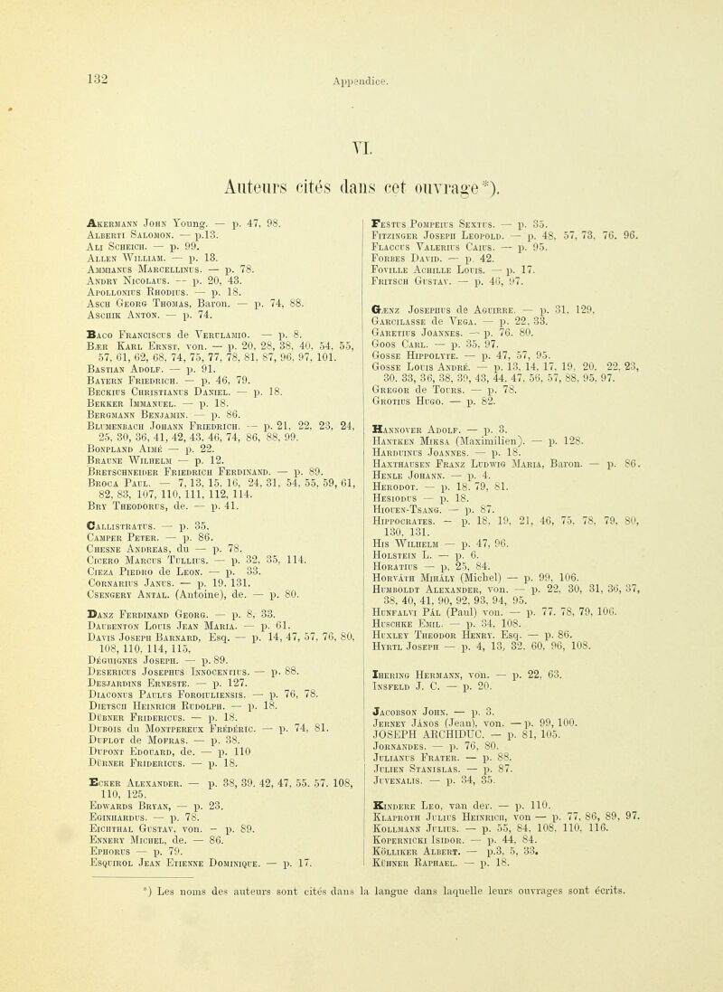 YI. Auteurs cités dans cet ouvrage*). Akermann John Young. — p. 47, 98. Albert: Salomon. — p.1.3. Ali Scheich. — -p- 99- Allen William. — p. 13. Ammianus Marcellinus. — p. 78. Andrt NicoLAus. — p. 20, 43. Apollonius Rhodius. — p. 18. AscH Georg Thomas, Baron. — p. 74, 88. AscniK Anton. — p. 74. Baco Franciscus de Verulamio. — p. 8. Bjîr Karl Ernst, von. — p. 20, 28, 38, 40, 54, 55, 57. 61, 62, 68, 74, 75, 77, 78, 81, 87, 96, 97, 101. Bastian Adolf. — p. 91. Bayern Friedrich. — p. 46, 79. Beckius Christianus Daniel. — p. 18. Bekker Immanuel. — p. 18. Bergmann Benjamin. — p. 86. Blumenbach Johann Friedrich. — p. 21, 22, 23, 24, 25, 80, 36, 41, 42, 43, 46, 74, 86, 88, 99. BoNPLAND Aimé — p. 22. Braune Wilhelm — p. 12. Bretschneider Friedrich Ferdinand. — ]). 89. Broca Paul. — 7,13. 15. 16, 24, 31, 54. 55, 59, 61, 82, 83, 107, 110, 111, 112, 114. Bry Theodorus, de. — p. 41. Callistratus. — p. 35. Camper Peter. — p. 86. Chesne Andréas, du — p. 78. CicERO Marcus Tullius. — p. 32, 35, 114. CiEZA Piedro de Léon. — 'p. 33. CoRNARius Janus. — p. 19. 131. Csengery Antal. (Antoine), de. — p. 80. Danz Ferdinand Georg. — ]). 8, 33. Daubenton Louis Jean Maria. — p. 61. Davis Joseph Barnard, Esq. — p. 14, 47, 57, 76, 80, 108, 110, 114, 115, Déguignes Joseph. — -p. 89. Desericus Josephus Innocentius. — p. 88. Desjardins Erneste. — p. 127. DiACONus Paulus Foroiuliensis. — p. 76, 78. DiETScn Heinrich Rudolph. — p. 18. DuBNER Fridericus. — p. 18. Dubois du Montpereux Frédéric — p. 74, 81. DuPLOT de MoFRAs. — p. 38. Dupont Edouard, de. — p. 110 DOrner Fridericus. — p. 18. EcKER Alexander. — p. 38, 39. 42, 47, 55. 57. 108, 110, 125. Edwards Bryan, — p. 23. Eginhardus. — p. 78. ElCHTHâL GUSTAV, von. — p. 89. Ennery Michel, de. — 86. Ephorus — p. 79. EsQuiROL Jean Etienne Dominique. — p. 17. Festus Pompeius Sextus. — p. 35. Fitzinger Joseph Leopold. — p. 48, 57, 73, 76. 96. Flaccus Valerius Caius. — p. 95. FoRBES David. — p. 42. FoviLLE Achille Louis. — p. 17. Fritsch Gustav. — p. 46, 97. G^Nz Josephus de Aguirre. — p. 31, 129, Garcilasse de Vega. — p. 22. 33. Garetius Joannes. — p. 76. 80. Goos Carl. — p. 35, 97. Gosse Hippolyte. — p. 47, 57, 95. Gosse Louis André. — p. 13. 14, 17. 19, 20. 22. 23, 30. 33, 36, 38, 39, 43, 44. 47, 56, 57, 88, 95, 97. Gregor de Tours. — p. 78. Grotids Hugo. — p. 82. Hannover Adolf. — p. 3. Hantken Miksa (Maximilien). — p. 128. Harduinus Joannes. — p. 18. Haxthausen Franz Ludwig Maria, Baron. — p. 86. Henle Johann. — p. 4. Herodot. — p. 18. 79, 81. Hesiodus — p. 18. Hiouen-Tsang. — p. 87. Hippocrates. - p. 18, 19, 21, 46, 75, 78, 79, 80, 130, 131. His Wiluelm — p. 47, 96. Holstein L. — p. 6. Horatius — p, 25, 84. HoRVÂTH MiHiLY (Michel) — p. 99. 106. Humboldt Alexander, von. — p. 22, 30, 31, 36, 37, 38. 40, 41, 90, 92, 93, 94, 95. Hunfalvi Pàl (Paul) von. — p. 77. 78, 79, 106. HuscHKE Emil. — p. 34, 108. Huxley Theodor Henry. Esc^. — p. 86. Hyrtl Joseph — p. 4, 13. 82. 60, 96, 108. Ihering Hermann, von. — p. 22, 63. Insfeld J. C. — p. 20. Jacobson John. — p. 3. Jerney JAnos (Jean), von. — p. 99, 100. JOSEPH ARCHIDUC. — p. 81, 105. Jornandes. — p. 76, 80. JuLiANus Frater. — p. 88. Julien Stanislas. — p. 87. Juvenalis. — p. 34, 35. KiNDERE Léo, van der. — p. 110. Klaproth Julius Heinrich, vou — p. 77, 86, 89, 97. KoLLWANN Julius. — p. 55, 84, 108. 110. 116. KOPERNICKI ISIDOR. — p. 44, 84. KoLLiKER Albert. — p.3, 5, 33. KuHNER Raphaël. — p. 18. *) Les noms des auteurs sont cités dans la lang-ue dans laquelle leurs ouvrages sont écrits.