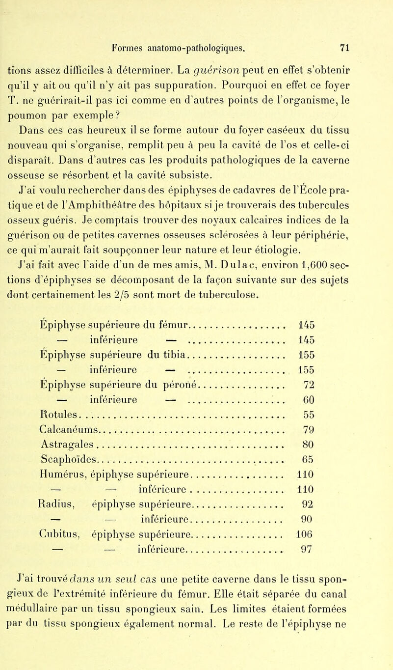 tions assez difficiles à déterminer. La guérison peut en effet s'obtenir qu'il y ait ou qu'il n'y ait pas suppuration. Pourquoi en effet ce foyer T. ne guérirait-il pas ici comme en d'autres points de l'organisme, le poumon par exemple? Dans ces cas heureux il se forme autour du foyer caséeux du tissu nouveau qui s'organise, remplit peu à peu la cavité de l'os et celle-ci disparaît. Dans d'autres cas les produits pathologiques de la caverne osseuse se résorbent et la cavité subsiste. J'ai voulu rechercher dans des épiphyses de cadavres de l'École pra- tique et de l'Amphithéâtre des hôpitaux si je trouverais des tubercules osseux guéris. Je comptais trouver des noyaux calcaires indices de la guérison ou de petites cavernes osseuses sclérosées à leur périphérie, ce qui m'aurait fait soupçonner leur nature et leur étiologie. J'ai fait avec l'aide d'un de mes amis, M. Dulac, environ 1,600 sec- tions d'épiphyses se décomposant de la façon suivante sur des sujets dont certainement les 2/5 sont mort de tuberculose. Épiphyse supérieure du fémur 145 — inférieure — 145 Épiphyse supérieure du tibia 155 — inférieure — 155 Épiphyse supérieure du péroné 72 — inférieure — 60 Rotules 55 Calcanéums 79 Astragales 80 Scaphoïdes 65 Humérus, épiphyse supérieure 110 — — inférieure 110 Radius, épiphyse supérieure 92 — — inférieure 90 Cubitus, épiphyse supérieure 106 — — inférieure 97 J'ai trouvée/ans un seul cas une petite caverne dans le tissu spon- gieux de l'extrémité inférieure du fémur. Elle était séparée du canal médullaire par un tissu spongieux sain. Les limites étaient formées par du tissu spongieux également normal. Le reste de l'épiphyse ne