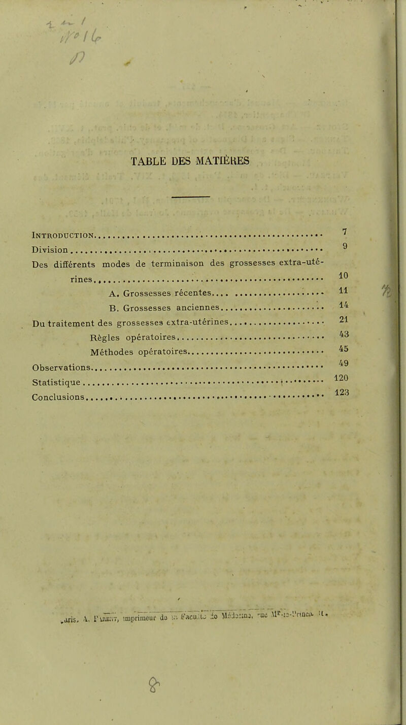 TABLE DES MATIÈHES Introduction Division • Des différents modes de terminaison des grossesses extra-uté- rines., A. Grossesses récentes B. Grossesses anciennes Du traitement des grossesses extra-utérines • Règles opératoires Méthodes opératoires Observations Statistique t Conclusions • • • • .iiris- V. ru\E;iT, imprimeur r d3 !.-. i!'acu.;L ïo Msd3cVa3. -uc MP-io-l'nnc* n.