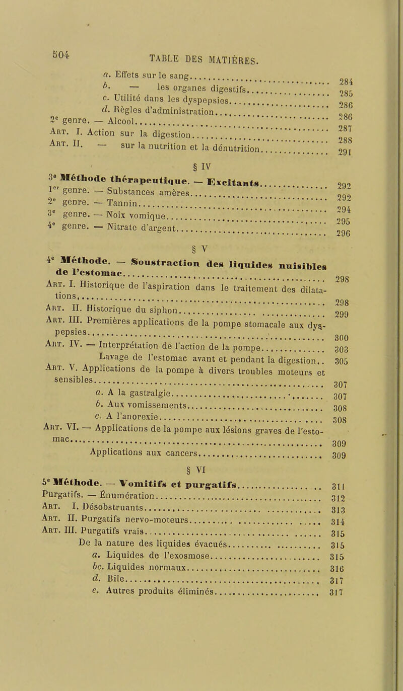 et. Effets sur le sang.. . L , 284 — les organes digestifs c. Utilité dans les dyspepsies ogG fZ. Règles d'administration... genre. — Alcool. 280 AnT. I. Action sur la digestion....... . .*..','.'////^gg Art. II. — sur la nutrition et la dénutrition. . .. . . !. . . '. [ ', ] 291 § IV 3» Méthode thérapeutique. - Excitants . OQO 1 genre. — Substances amères ^i^; 2 genre. — Tannin ^ ~ 3» genre. — Noix vomique Ôo- 4» genre. — Nitrate d'argent § V 4' Méthode. - Soustraction des liquides nuisibles de l'estomac ^93 Art. I. Historique de l'aspiration dans le traitement des 'dilata- tions 2Q8 Art. II. Historique du siphon ^Qi) Art. m. Premières applications de la pompe stomacale aux dy^^ Pepsies Art. IV. — Interprétation de l'action de la pompe 303 Lavage de l'estomac avant et pendant la digestion.. 305 Art. V. Applications de la pompe à divers troubles moteurs et sensibles a. A la gastralgie ^q-j b. Aux vomissements 308 c. A l'anorexie gQg Art. VI. — Applications de la pompe aux lésions graves de l'esto- ™^<^ 309 Applications aux cancers 309 § VI 5' Méthode. — Vomitifs et purgatifs 3U Purgatifs. — Énumération 312 Art. I. Désobstruants 313 Art. II, Purgatifs nervo-moteurs 314 Art. III. Purgatifs vrais 315 De la nature des liquides évacués 315 a. Liquides de l'exosmose 31S bc. Liquides normaux 31G d. Bile 317 e. Autres produits éliminés 317