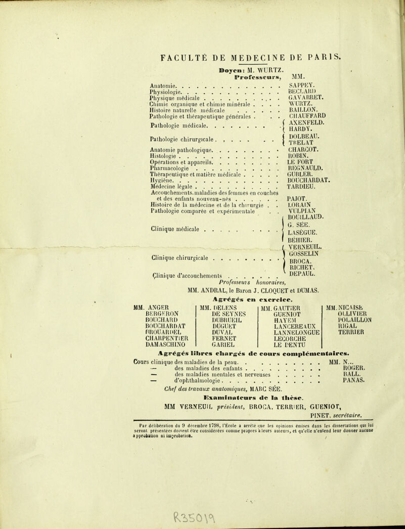 FACULTÉ DE MEDECINE DE PARIS. MM. Doyen: M. WURTZ. Professeurs, MM. Anatomie. . . SAPPEY. Physiologie BliCLAUl) Physique médicale , . . GAVAHRET Chimie organique et chimie minérale . . -^^•t^nr^ / Histoire naturelle médicale .... Pathologie et thérapeutique générales . Pathologie médicale i Pathologie chirurgicale . WURTZ. BAILLON. CHAUFFARD AXENFELD. HARDY. DOLBEAU. THELAT Anatomie pathologique • CHARGOT. Histologie ROBIN. Opérations et appareils LE FORT Pharmacologie REGNAULD. Thérapeutique et matière médicale GUBLER. Hyçiène BOUCHARDAT. Médecine légale TARDIEU. Accouchements, maladies des femmes en couches et des enfants nouveau-nés PAJOT. Histoire de la médecine et de la chirurgie . . LOKAIN Pathologie comparée et expérimentale . . VULPIAN / BOUILLAUD. Clinique médicale LASÈGUE. I BÉHIER. VERNEUIL. GOSSELIN BROGA. RICHET, Çlinique d'accouchements DEPAUL. Professent s ho7ioraires, MM. ANDRAL, le Baron J. CLOQUET et DUMAS. Agrégés en exercice. Clinique chirurgicale ANGER BERGKRON BOUCHARD BOUCHARDAT PROUARUEL CHARPENTIER DAMASCHINO MM. DELENS DE SEYNES DUBRUEIL DUGUET DU VAL FERNET GARIEL MM GAUTiER GUENIOT HAYE M LANCEREAUX LANNELONGUE LECORCHE LE DENTU MM.NICAISE OLLIV(ER POLAILLON RIGAL TERRIER Agrégés lilires cliargés de cours complémentaires. N... ROGER. BALL. PANAS. Cours clinique des maladies de la peau. . MM. — des maladies des enfants — des maladies mentales et nerveuses — d'ophthalmologie Chef des travaux anatomiques, MARC SÉE. ■'Examinateurs de la tlièse. MM VERNEUIL président, BROGA. TERRIER, GUENIOT, PINET. secrétaire. Par délibération du 9 décembre 1798, l'Ecole a arrêté (|ue les opinions émises dans les dissertations qui lui seront présentées doivent être considérées comme propres a leurs auteurs, ei qu'elle n'entend leur donner aucune approbiUon ni improbalioB. ^ - \ ■