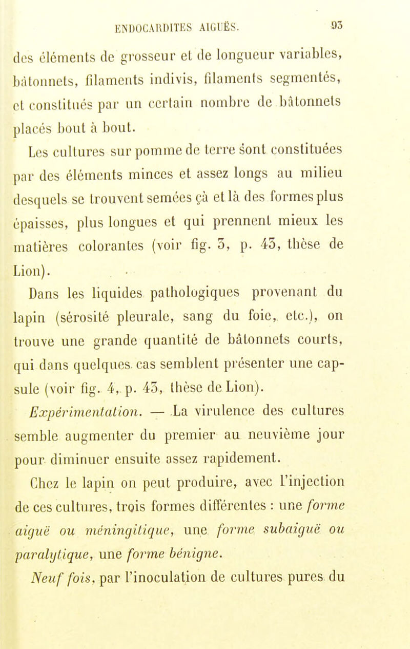 des éléments de grosseur et de longueur variables, bâtonnets, filaments indivis, filaments segmentés, et constitués par un certain nombre de bâtonnets placés bout à bout. Les cultures sur pomme de terre sont constituées par des éléments minces et assez longs au milieu desquels se trouvent semées çà et là des formes plus épaisses, plus longues et qui prennent mieux les matières colorantes (voir fig. 5, p. 45, tbcse de Lion). Dans les liquides pathologiques provenant du lapin (sérosité pleurale, sang du foie, etc.), on trouve une grande quantité de bâtonnets courts, qui dans quelques cas semblent présenter une cap- sule (voir fig. 4,. p. 45, thèse de Lion). Expérimentalion. — La virulence des cultures semble augmenter du premier au neuvième jour pour diminuer ensuite assez rapidement. Chez le lapin on peut produire, avec l'injection de ces cultures, trois formes différentes : une forme aiguë ou méningitiquc, une forme subaiguë ou paralytique, une forme bénigne. Neuf fois, par l'inoculation de cultures pures du