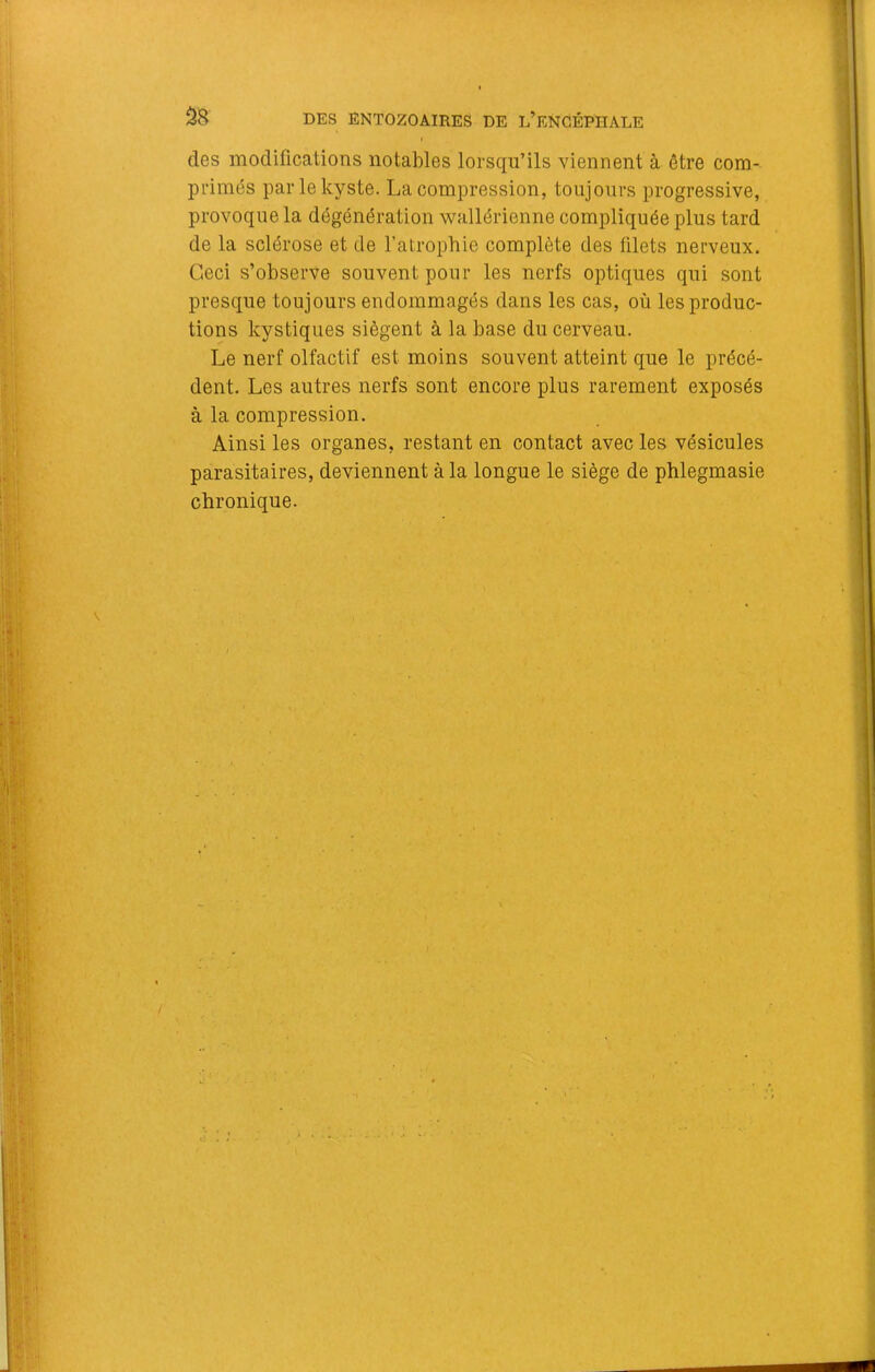 des modifications notables lorsqu’ils viennent à être com- primés par le kyste. La compression, toujours progressive, provoque la dégénération wallérienne compliquée plus tard de la sclérose et de l’atrophie complète des filets nerveux. Ceci s’observe souvent pour les nerfs optiques qui sont presque toujours endommagés dans les cas, où les produc- tions kystiques siègent à la base du cerveau. Le nerf olfactif est moins souvent atteint que le précé- dent. Les autres nerfs sont encore plus rarement exposés à la compression. Ainsi les organes, restant en contact avec les vésicules parasitaires, deviennent à la longue le siège de phlegmasie chronique.