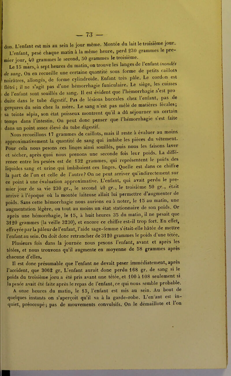 don L'enfant est mis au sein le jour même. Montée du lait le troisième jour. L'enfant, pesé chaque matin à la même heure, perd 230 grammes le pre- mier jour, 40 grammes le second, 50 grammes le troisième. Le 15 mars, à sept heures du matin, on trouve les langes de l'enfant inondés de sang. On en recueille une certaine quantité sous forme de petits cailloti noirâtres, allongés, de forme cylindroïde. Enfant très pâle. Le cordon est flétri • il ne s'agit pas d'une hémorrhagie funiculaire. Le siège, les cuisses de l'enfant sont souillés de sang. Il est évident que l'hémorrhagie s'est pro duite dans le tube digestif. Pas de lésions buccales chez l'enfant, pas de gerçures du sein chez la mère. Le sang n'est pas mêlé de matières fécales; sa teinte sépia, son état poisseux montrent qu'il a dû séjourner un certain temps dans l'intestin. On peut donc penser que l'hémorrhagie s'est faite dans un point assez élevé du tube digestif. Nous recueillons 17 grammes de caillots, mais il reste à évaluer au moins approximativement la quantité de sang qui imbibe les pièces du vêtement. Pour cela nous pesons ces linges ainsi souillés, puis nous les faisons laver et sécher, après quoi nous prenons une seconde fois leur poids. La diffé- rence entre les pesée» est de 132 grammes, qui représentent le poids des liquides sang et urine qui imbibaient ces linges. Quelle est dans ce chiffre la part de l'un et celle de l'autre? On ne peut arriver qu'indirectement sur ce point à une évaluation approximative. L'enfant, qui avait perdu le pre- mier jour de sa vie 230 gr., le second 40 gr., le troisième 50 gr., était arrivé à l'époque où la montée laiteuse allait lui permettre d'augmenter de poids. Sans cette hémorrhagie nous aurions eu à noter, le 15 au matin, une augmentation légère, ou tout au moins un état stationnaire de son poids. Or après une hémorrhagie, le 15, à huit heures 35 du malin, il ne pesait que 3120 grammes (la veille 3230), et encore ce chiffre est-il trop fort. En effet, effrayée par la pâleur de l'enfant, l'aide sage-femme s'était-elle hâtée de mettre l'enfant au sein. On doit donc retrancher de 3120 grammes le poids d'une tétée. Plusieurs fois dans la journée nous pesons l'enfant, avant et après les télées, et nous trouvons qu'il augmente en moyenne de 58 gi-ammes après chacune d'elles. Il est donc présumable que l'enfant ne devait peser immédiatement, après l'accident, que 3062 gr. L'enfant aurait donc perdu 168 gr. de sang si le poids du troisième joru a été pris avant une tétée, et 100 à 108 seulement si la pesée avait été faite après le repas de l'enfant, ce qui nous semble probable. A onze heures du matin, le 13, l'enfant est mis au sein. Au bout de quelques instaras on s'aperçoit qu'il va à la garde-robe. L'en'^ant est in- quiet, préoccupé ; pas de mouvements convulsifs. On le démaillote et l'on
