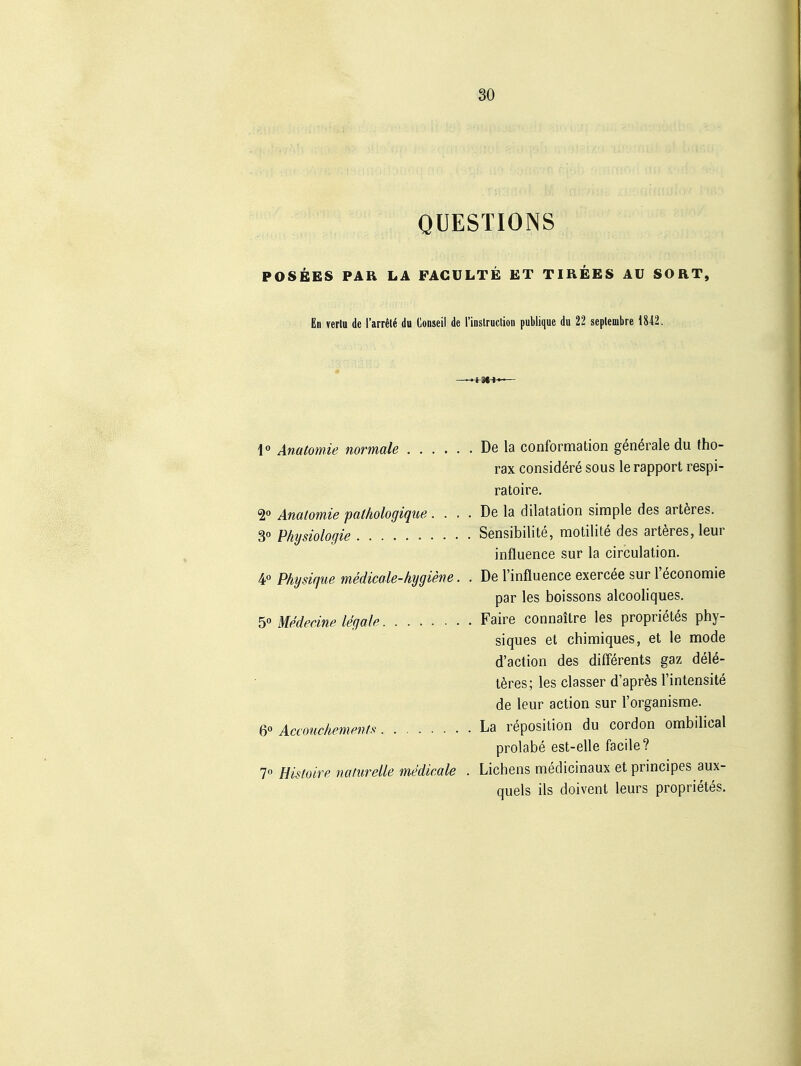 QUESTIONS POSBES PAR LA FACULTE ET TIREES AU SORT, En rerlu de l'arr^li du Conseil de rinsSruction publique du 22 seplembre 1842. 1» Anatomie normale De la conformation generale du tho- rax considöre sous le rapport respi- ratoire. 2° Anatomie pathologiqiie .... De la dilatalion simple des artöres. 30 Physiologie Sensibilite, motilite des artSres, leur influence sur la circulalion. ¥ Physique medicale-hygiene. . De l'influence exercee sur l'economie par les boissons alcooliques. 5° Medeäne legale Faire connailre les proprietös phy- siques et chimiques, et le mode d'action des differents gaz dele- töres; les classer d'apr^s l'intensite de leur action sur l'organisme. 6° Accouc.hement.s La reposition du cordon ombilical prolabe est-elle facile? 70 Histoire naturelle medic.ale . Lichens medicinaux et principes aux- quels ils doivent leurs proprietes.