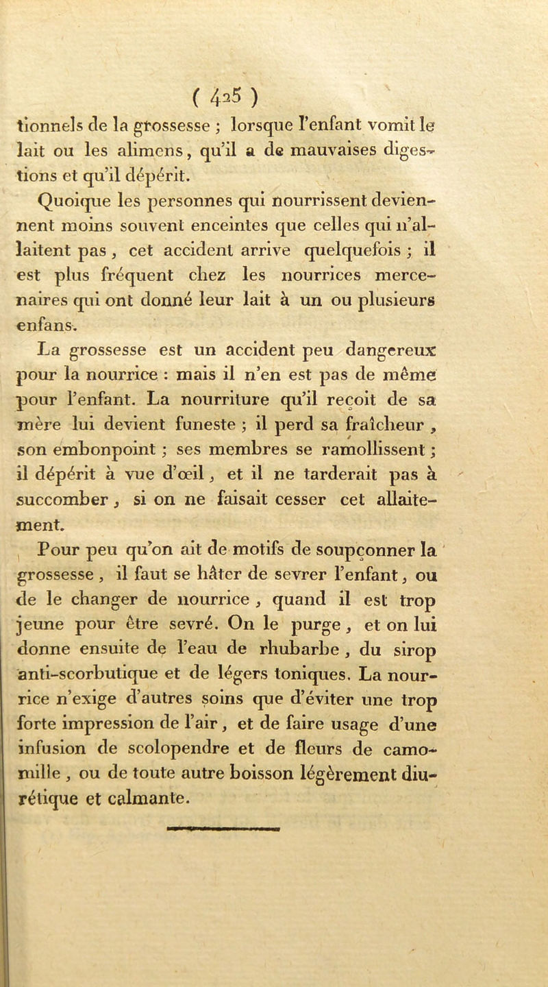 ( 4=5 ) tlonnels de la gtossesse ; lorsque l’enfant vomit le lait ou les alimcns, qu’il a de mauvaises diges- tions et qu’il dépérit. Quoique les personnes qui nourrissent devien- nent moins souvent enceintes que celles qui n’al- laitent pas, cet accident arrive quelquefois ; il est plus fréquent chez les nourrices merce- naires qui ont donné leur lait à un ou plusieurs enfans. La grossesse est un accident peu dangereux pour la nourrice : mais il n’en est pas de même pour l’enfant. La nourriture qu’il reçoit de sa mère lui devient funeste ; il perd sa fraîcheur , son embonpoint ; ses membres se ramollissent ; il dépérit à vue d’œil, et il ne tarderait pas à succomber j si on ne faisait cesser cet allaite- ment. I Pour peu qu’on ait de motifs de soupçonner la ' grossesse , il faut se hâter de sevrer l’enfant, ou de le changer de nourrice , quand il est trop jeune pour être sevré. On le purge, et on lui donne ensuite de l’eau de rhubarbe , du sirop anti-scorbutique et de légers toniques. La nour- rice n’exige d’autres soins que d’éviter une trop forte impression de l’air, et de faire usage d’une infusion de scolopendre et de fleurs de camo- mille , ou de toute autre boisson légèrement diu- rétique et calmante.