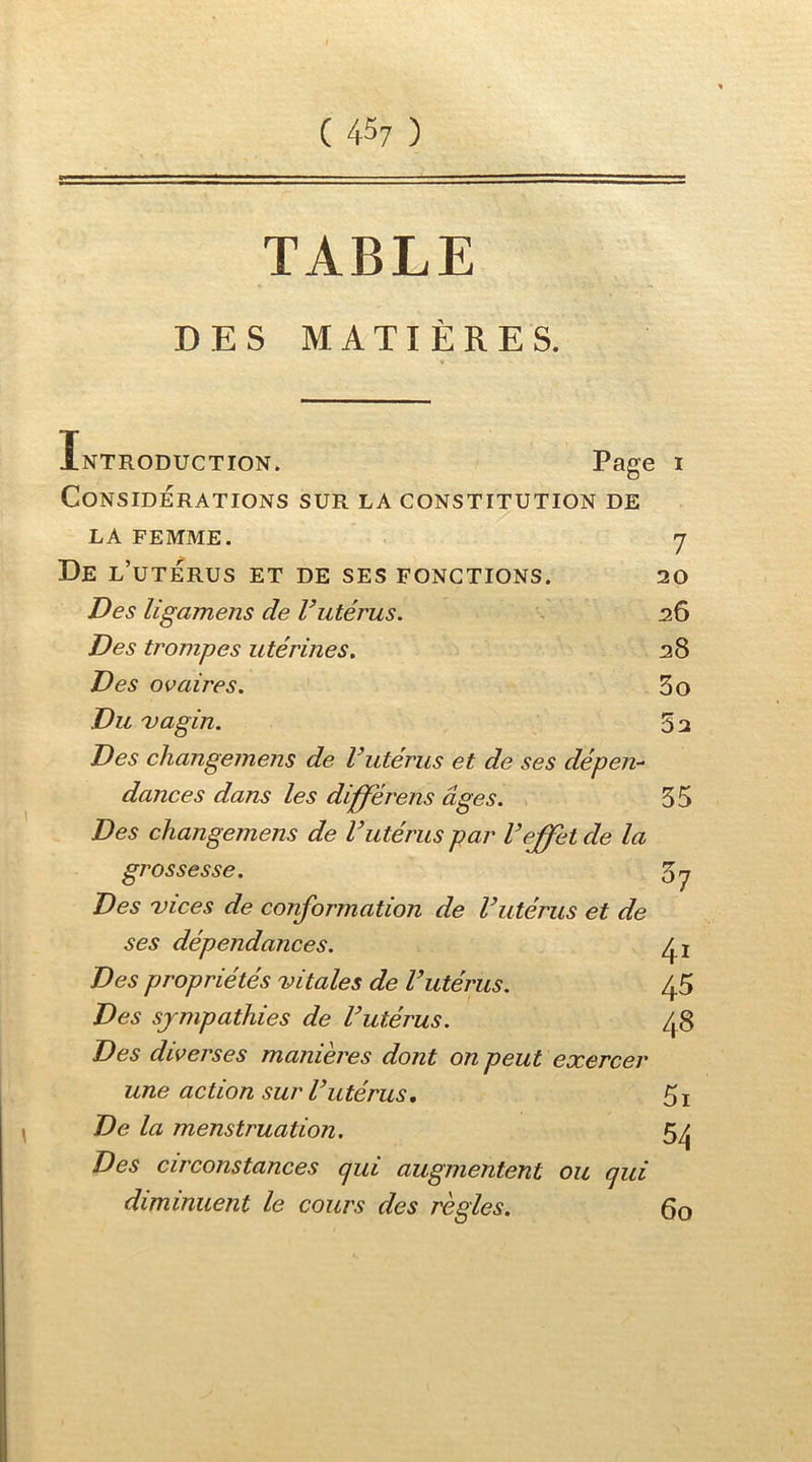 TABLE DES MATIÈRES. Introduction. Page Considérations sur la constitution de LA FEMME. De l’utérus et de ses fonctions. Des ligamens de Vutérus. Des trompes utérines. Des ovaires. Du -vagin. Des changemens de Vutérus et de ses dépen- dances dans les diffërens âges. Des changemens de Vutérus par Veffet de la grossesse. Des vices de conformation de Vutérus et de ses dépendances. Des propriétés vitales de Vutérus. Des sympathies de Vutérus. Des diverses manières dont on peut exercer une action sur Vutérus, De la menstruation. Des circonstances qui augmentent ou qui diminuent le cours des règles. 6o 7 20 26 28 3o 52 35 ^7 41 45 48 5i 54