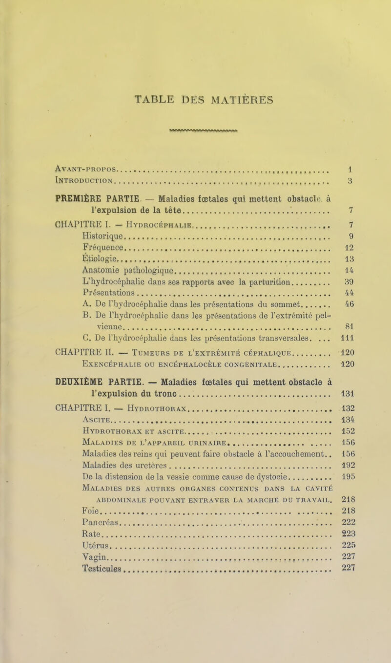 TABLE DES MATIÈRES Avant-propos ,,, 1 Introduction 3 PREMIÈRE PARTIE. — Maladies fœtales qui mettent obstacl. à l'expulsion de la tète 7 CHAPITRE I. - Hydrocéphalie 7 Historique 9 Fréquence 12 Étiologie 13 Anatomie pathologique 14 L'hydrocéphalie dans ses rapports avec la parturition 39 Présentations 44 A. De l'hydrocéphalie dans les présentations du sommet 46 B. De l'hydrocéphalie dans les présentations de l'extrémité pel- vienne 81 G. De l'hydrocéphalie dans les présentations transversales. ... 111 CHAPITRE II. — Tumeurs de l'extrémité céphalique 120 EXENCÉPHALIE OU ENCÉPHALOCELE CONGENITALE 120 DEUXIÈME PARTIE. — Maladies fœtales qui mettent obstacle à l'expulsion du tronc 131 CHAPITRE I. — Hydrothorax 132 Ascite 134 Hydrothorax et ascite , 152 Maladies de l'appareil urinaire 156 Maladies des reins qui peuvent faire obstacle à l'accouchement.. 156 Maladies des uretères 192 De la distension de la vessie comme cause de dystocie 195 Maladies des autres organes contenus dans la cavité abdominale pouvant entraver la marche du travail. 218 Foie 218 Pancréas 222 Rate 223 Utérus 225 Vagin , 227 Testicules 227